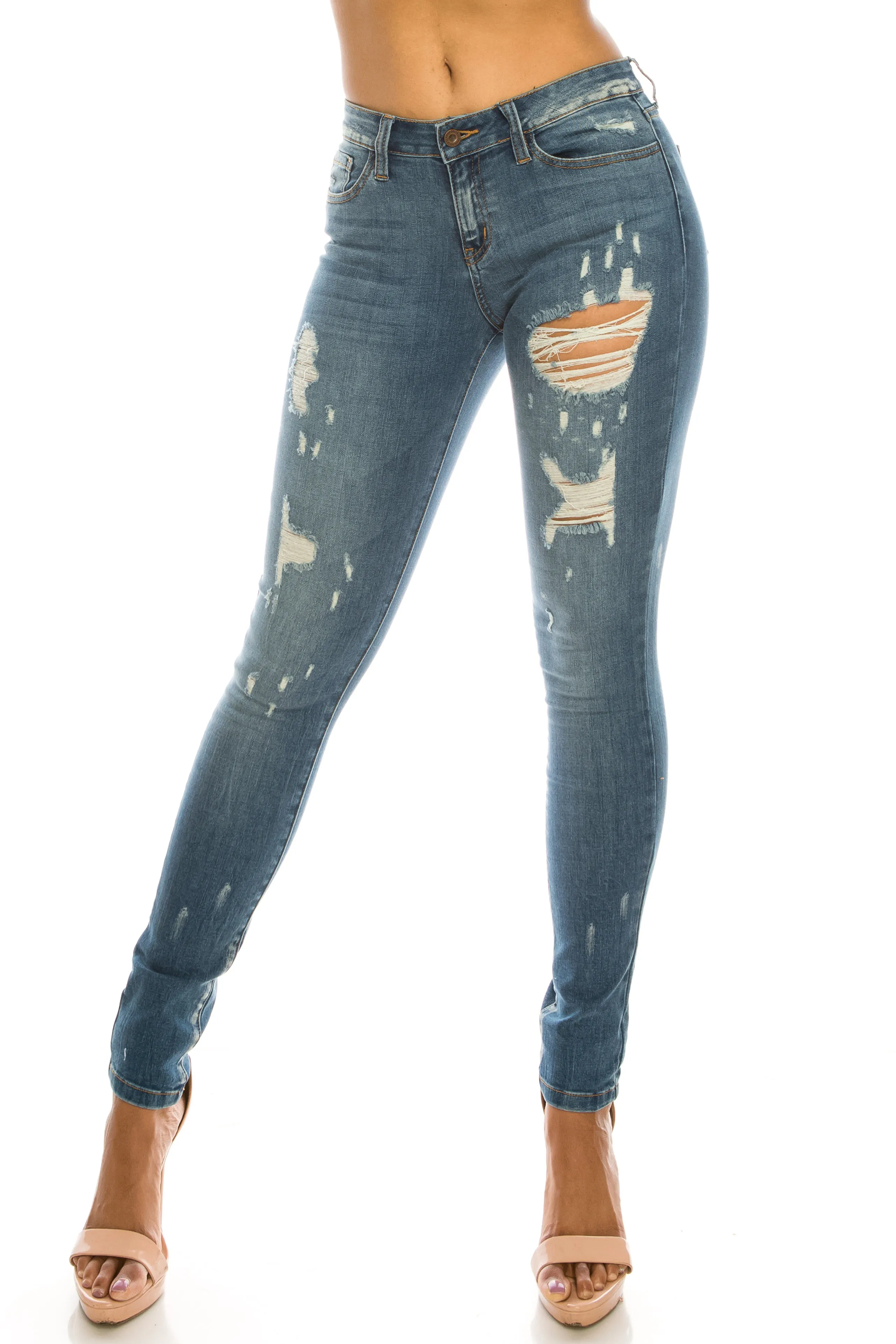1282 Women's Mid Waisted Distressed Skinny Jeans