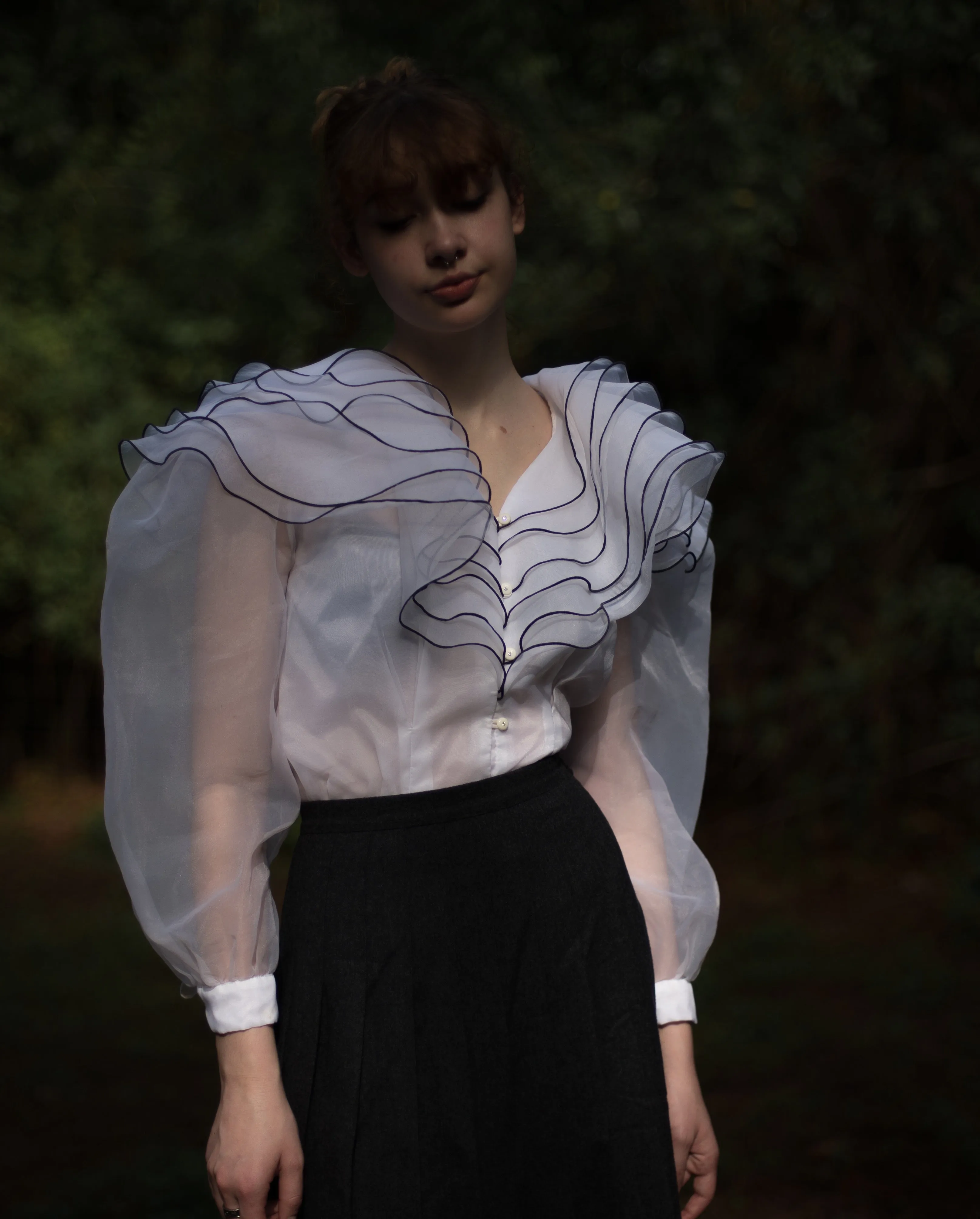 80s ethereal organza tiered ruffle collar blouse with puff sleeve, 30” waist