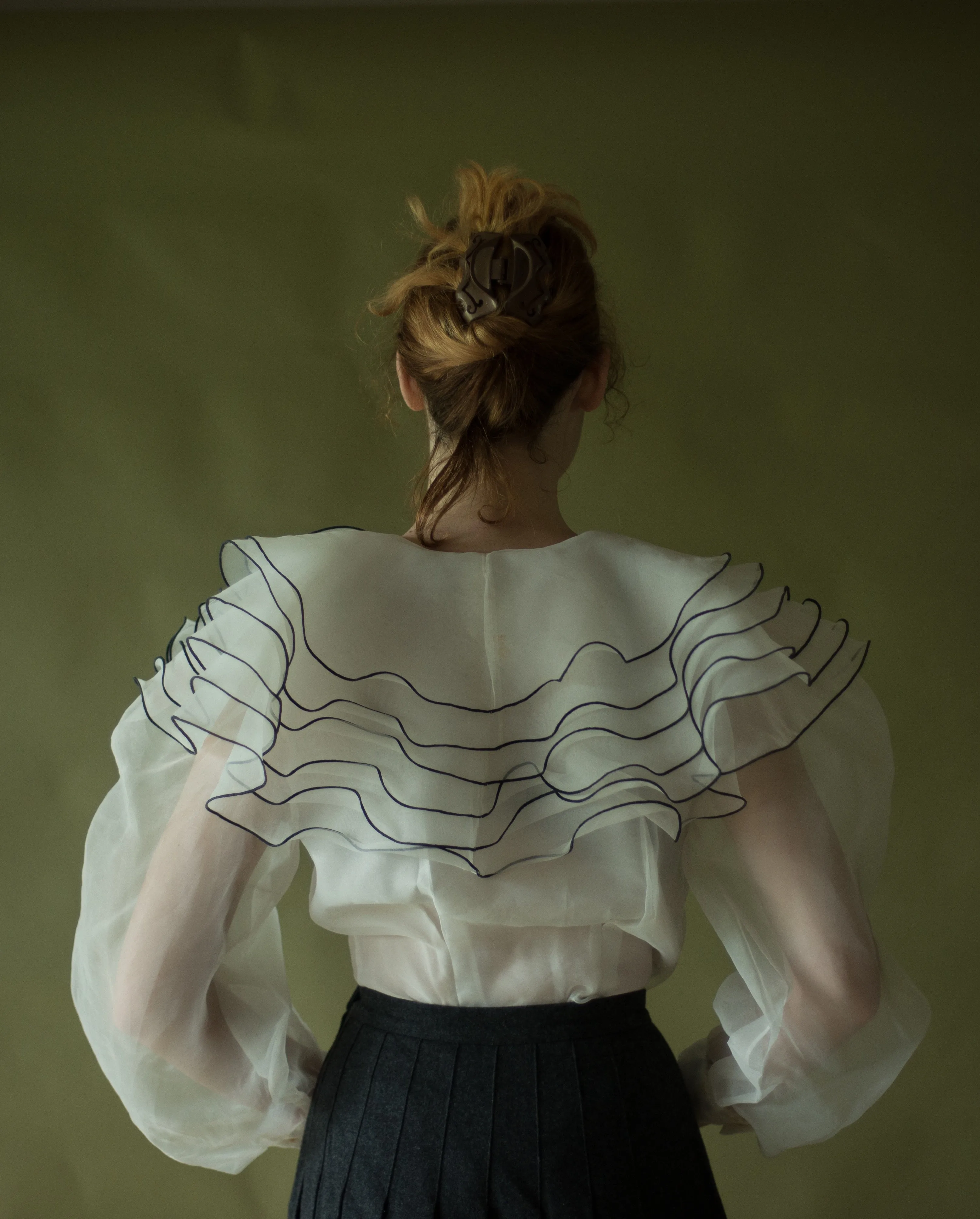 80s ethereal organza tiered ruffle collar blouse with puff sleeve, 30” waist
