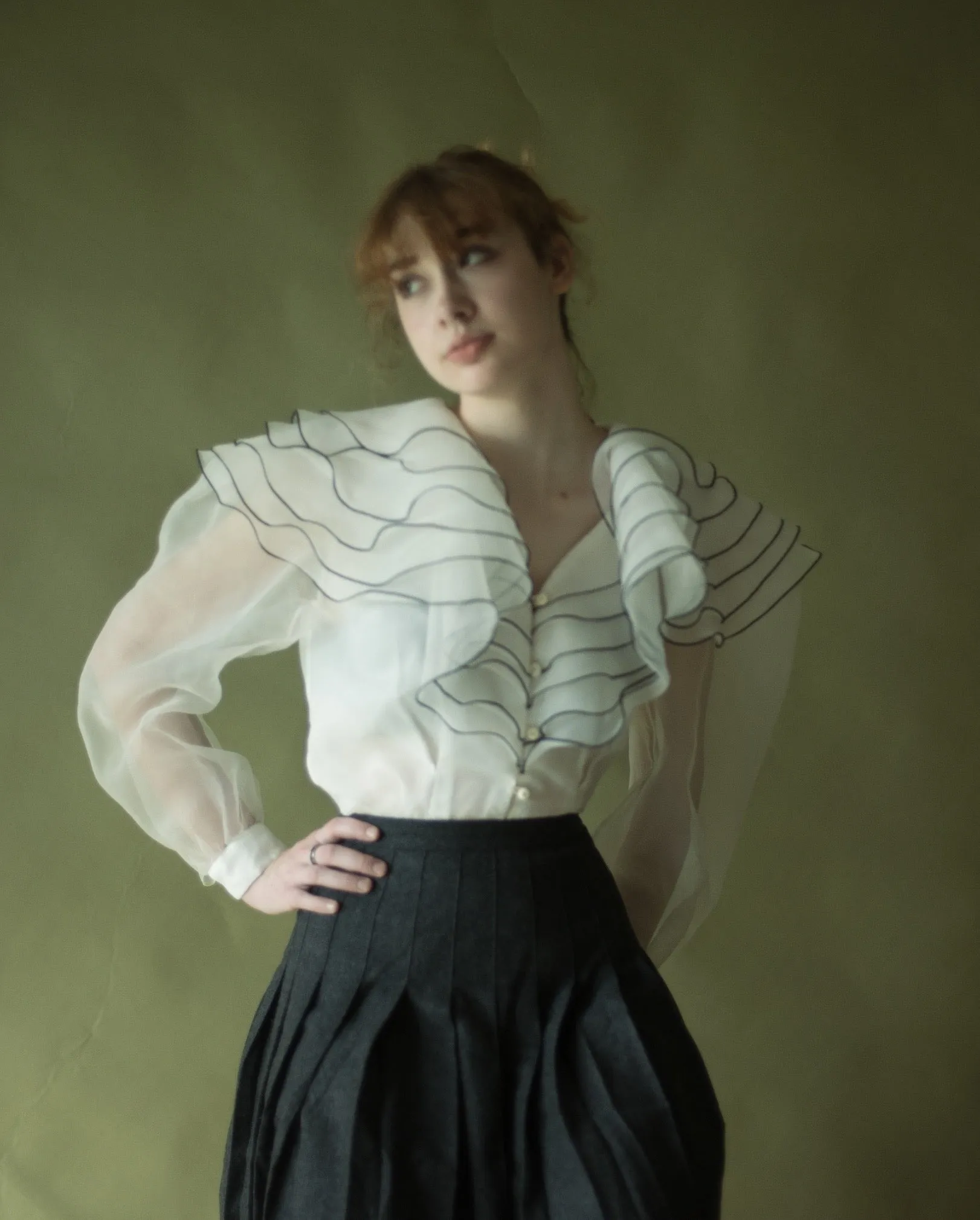 80s ethereal organza tiered ruffle collar blouse with puff sleeve, 30” waist