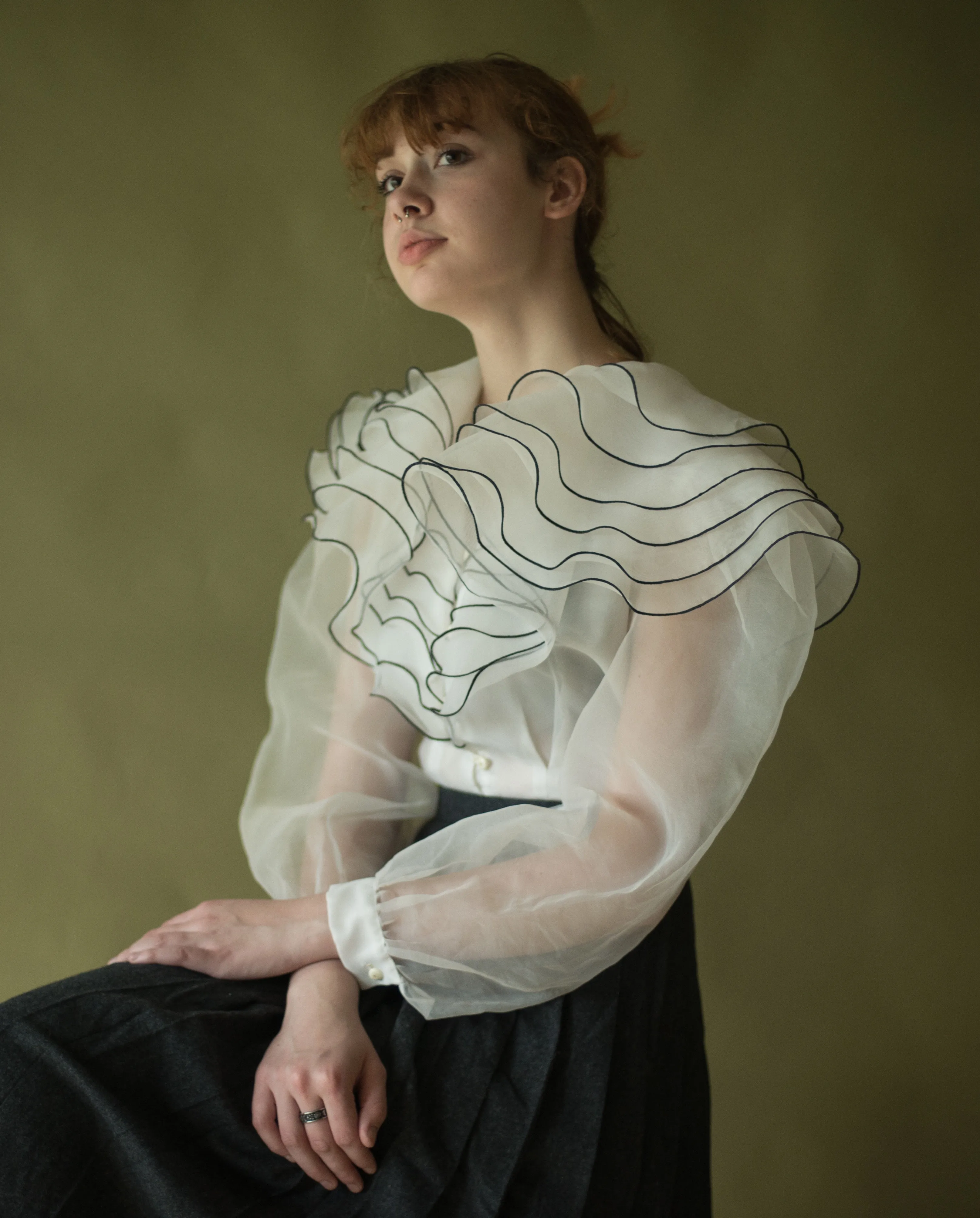 80s ethereal organza tiered ruffle collar blouse with puff sleeve, 30” waist