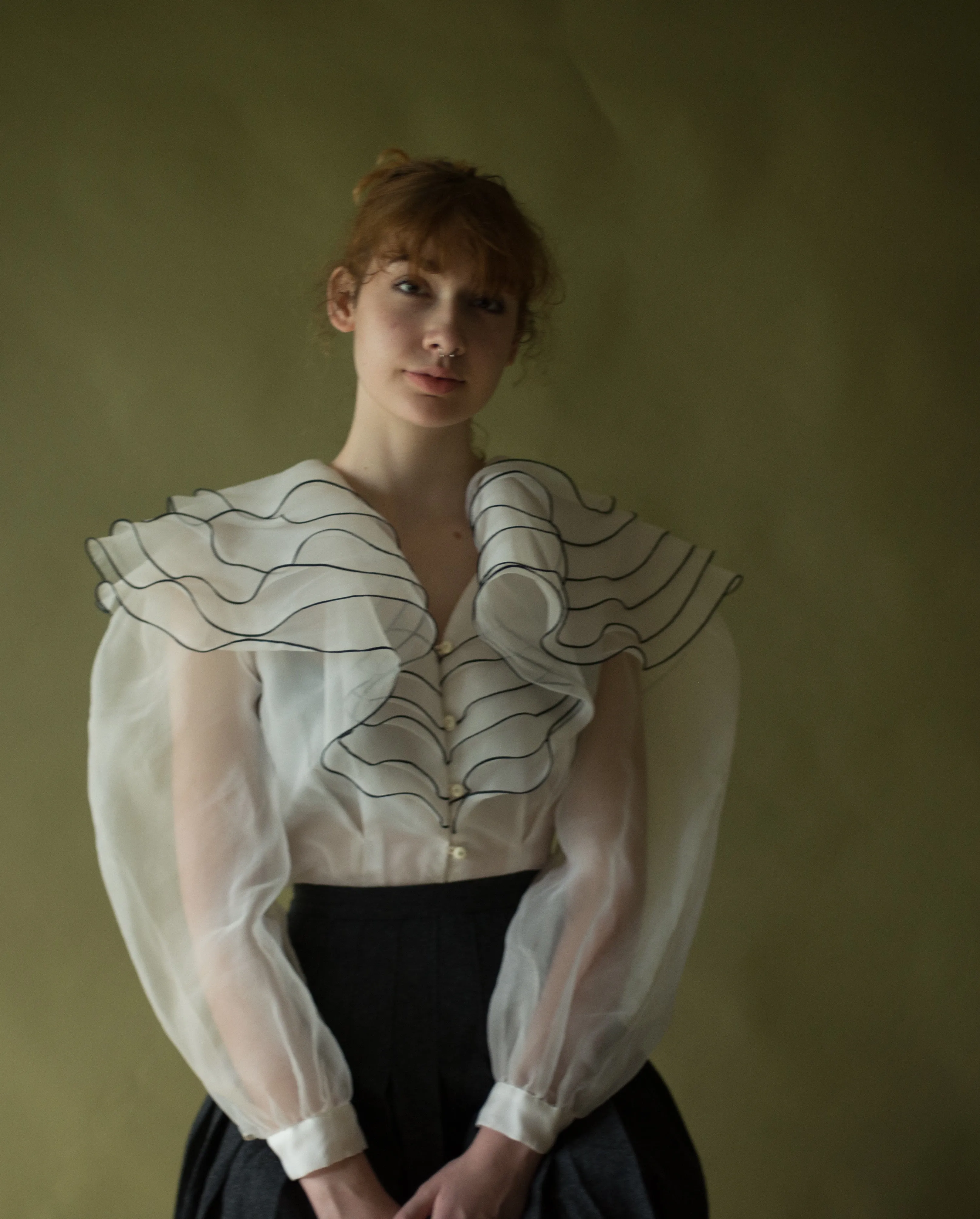 80s ethereal organza tiered ruffle collar blouse with puff sleeve, 30” waist