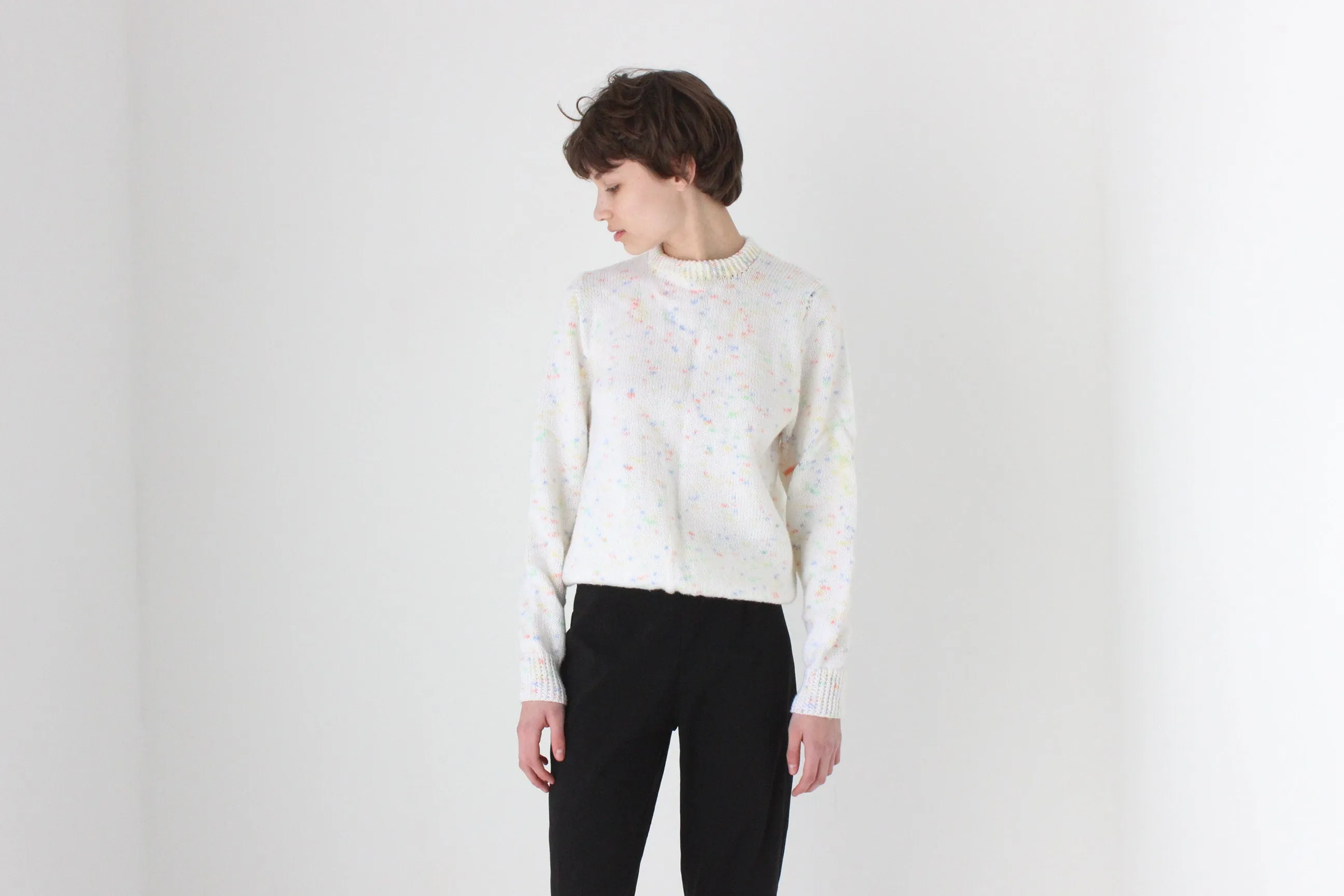 80s Hand Knit White 'Confetti' Speckle Sweater