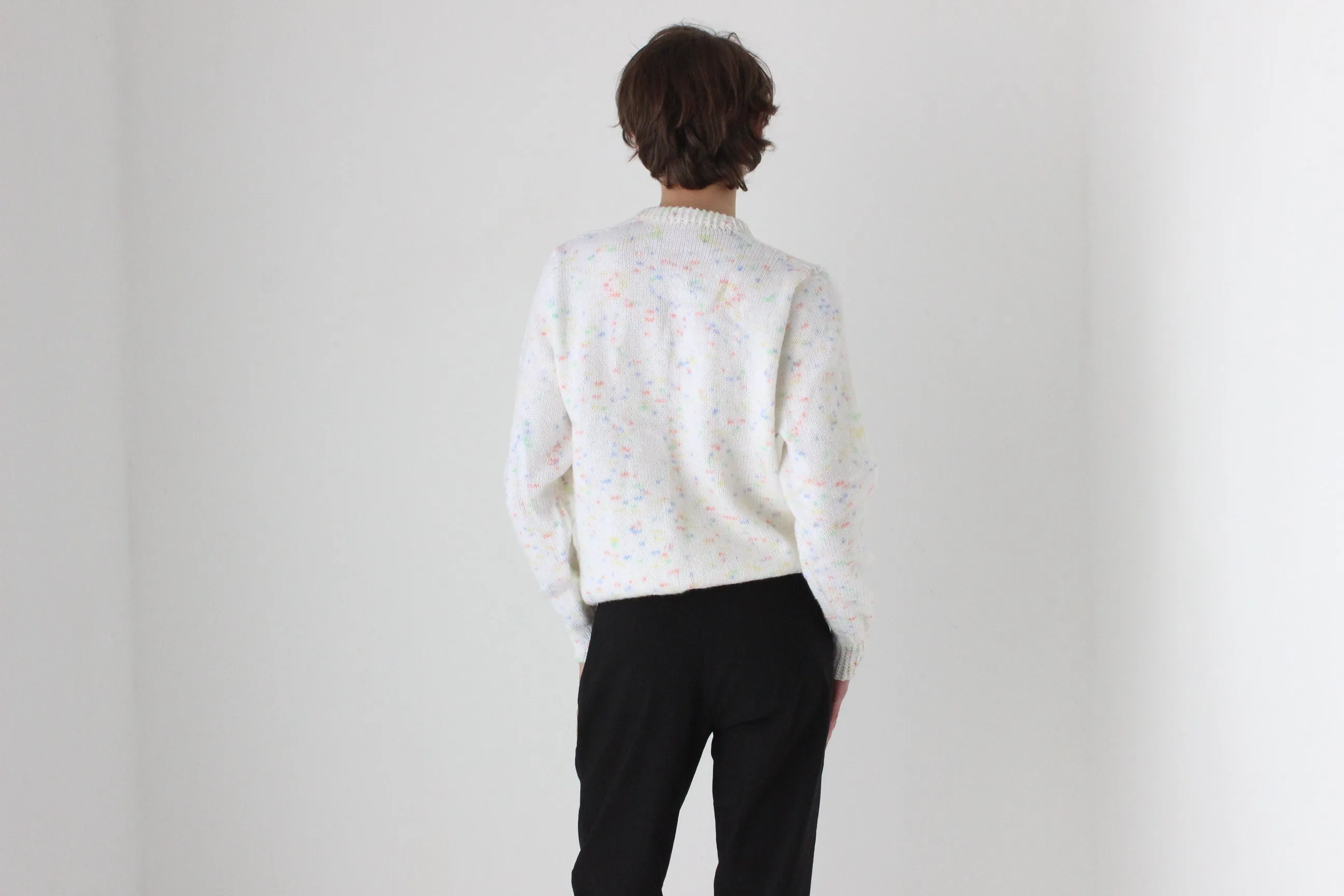 80s Hand Knit White 'Confetti' Speckle Sweater