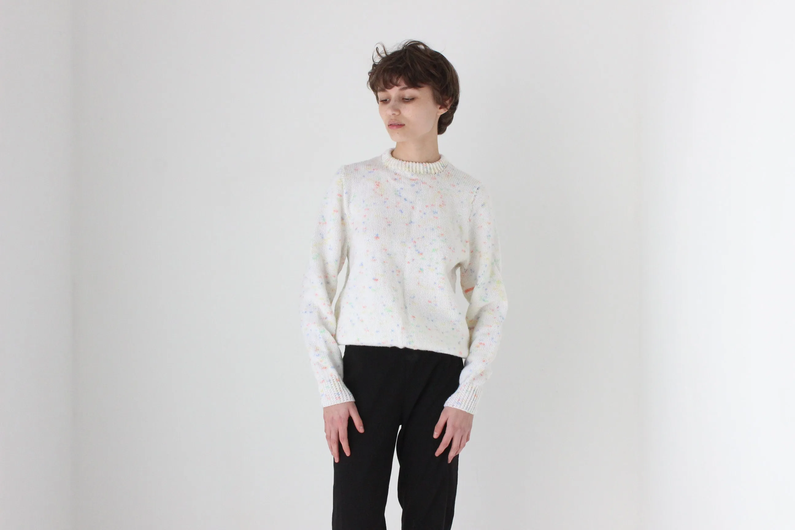 80s Hand Knit White 'Confetti' Speckle Sweater