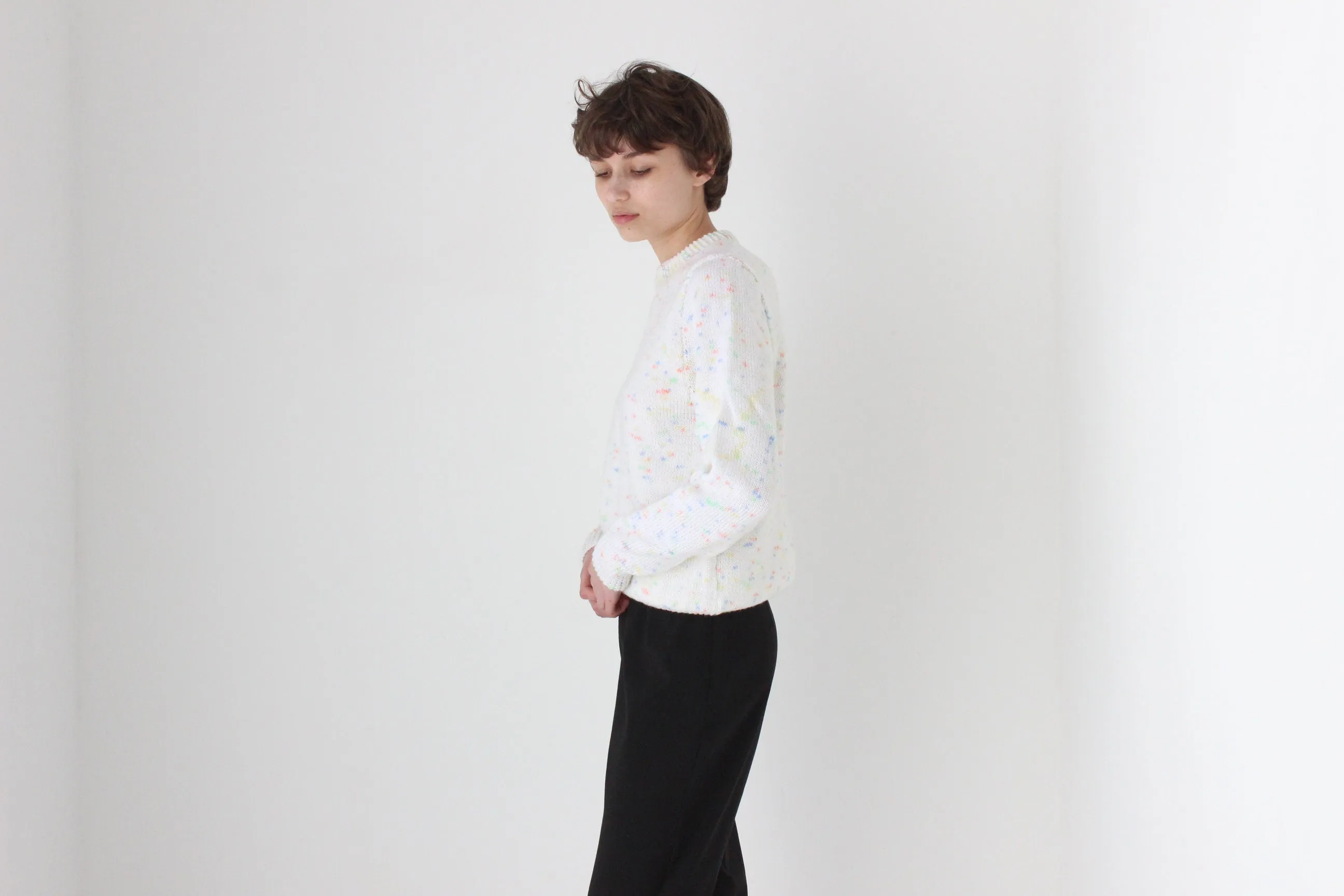 80s Hand Knit White 'Confetti' Speckle Sweater