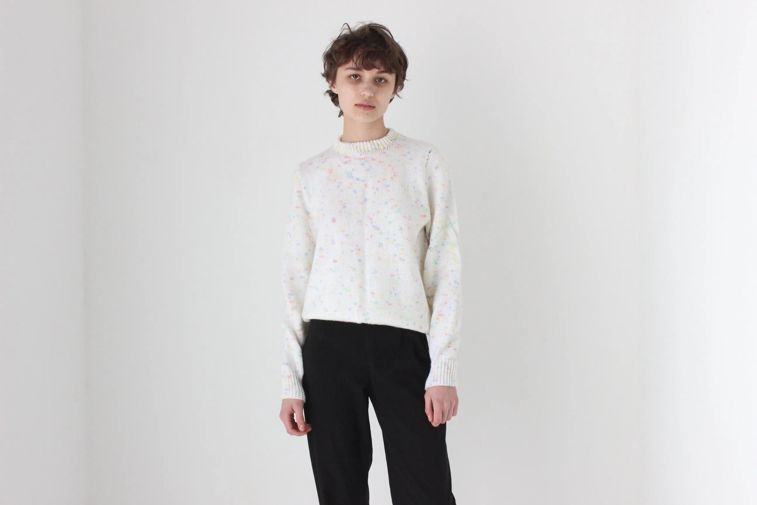 80s Hand Knit White 'Confetti' Speckle Sweater