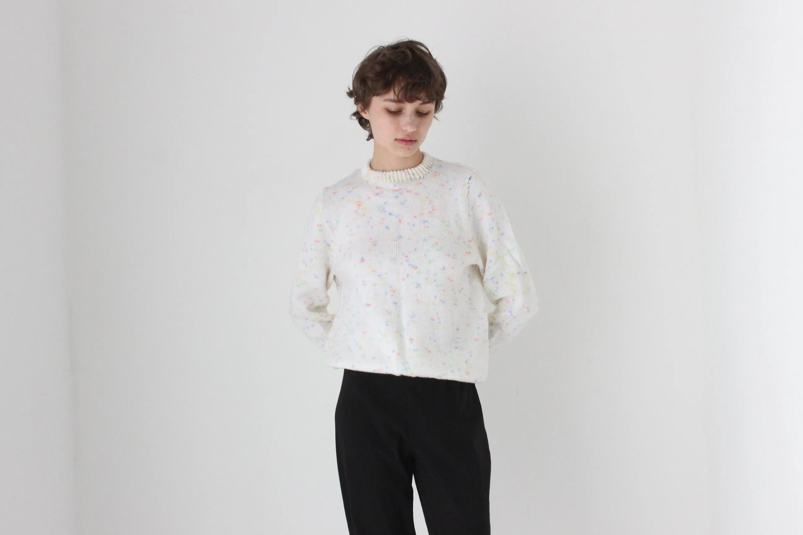 80s Hand Knit White 'Confetti' Speckle Sweater