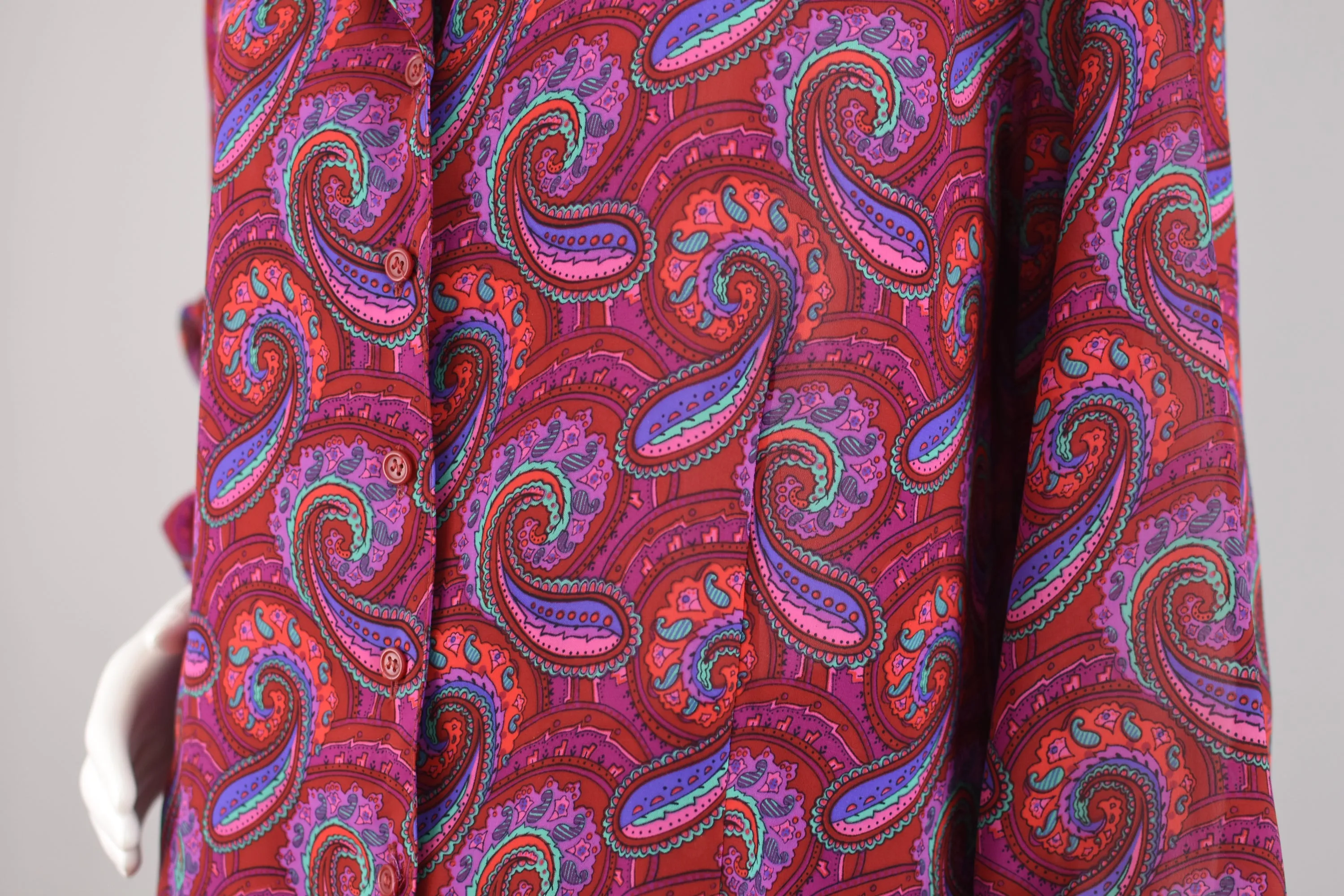 80s Paisley Print Semi Sheer Magenta Long Sleeve Blouse, Women's Plus Size 14