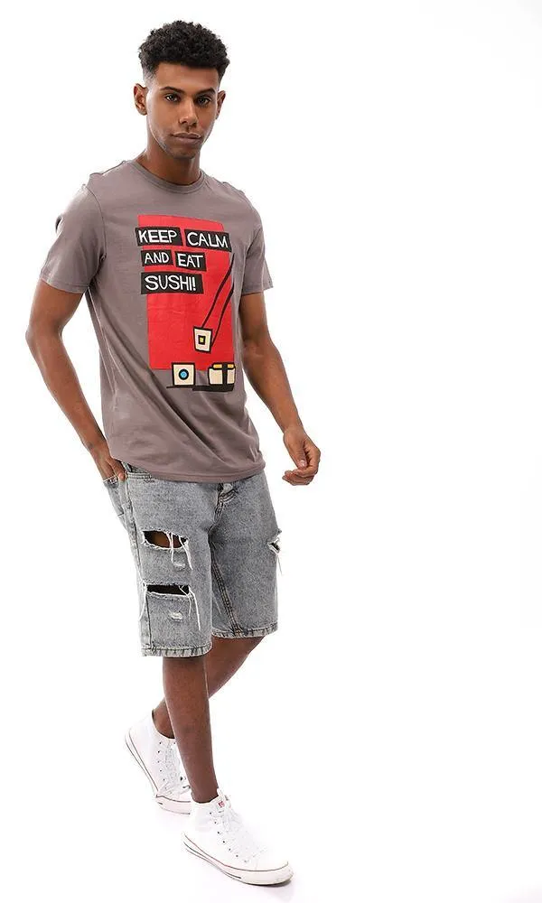 95121 "Keep Calm & Eat Sushi" Cotton T-Shirt - Dark Grey