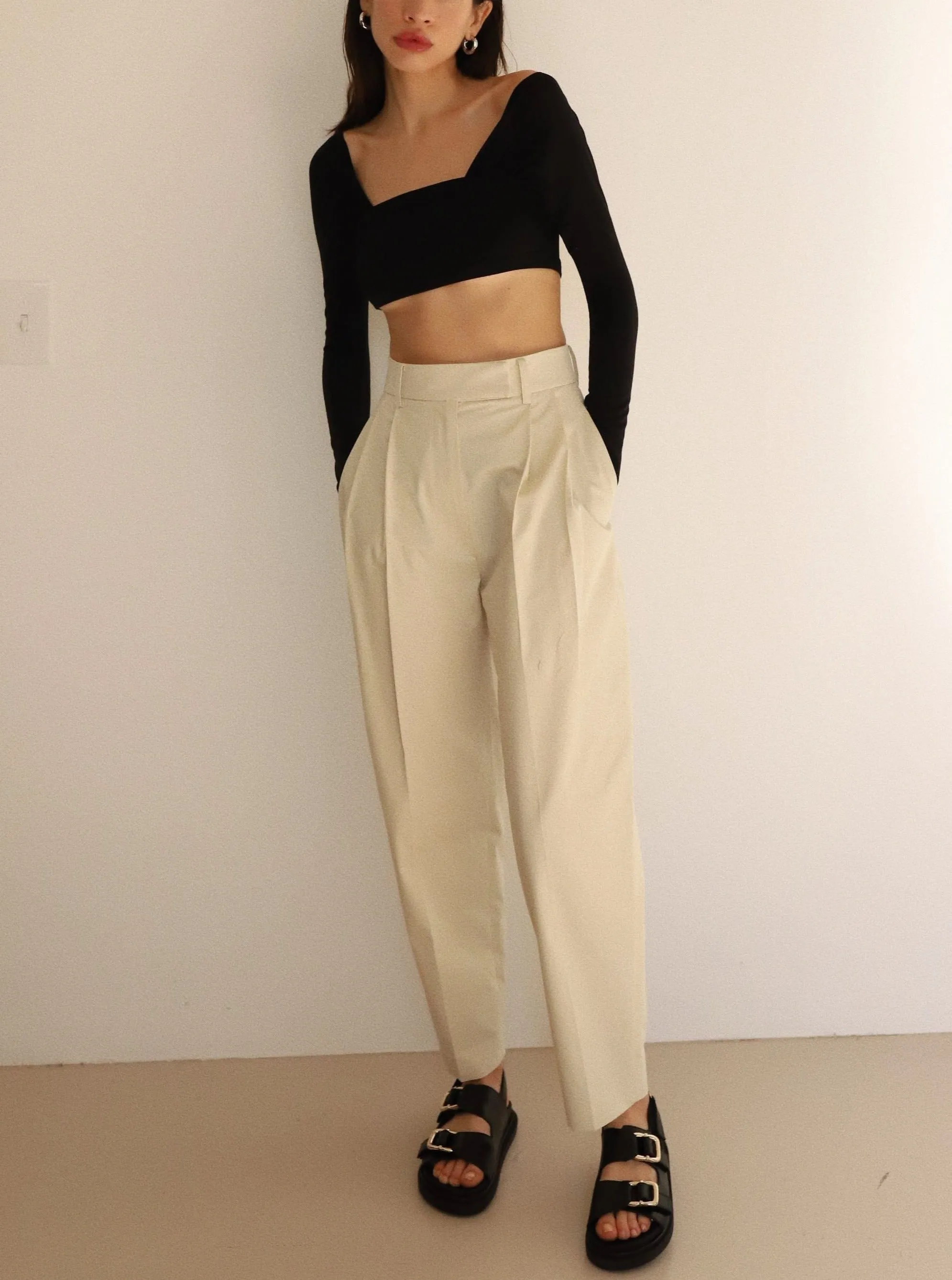 Beige Cotton Pleated Pants