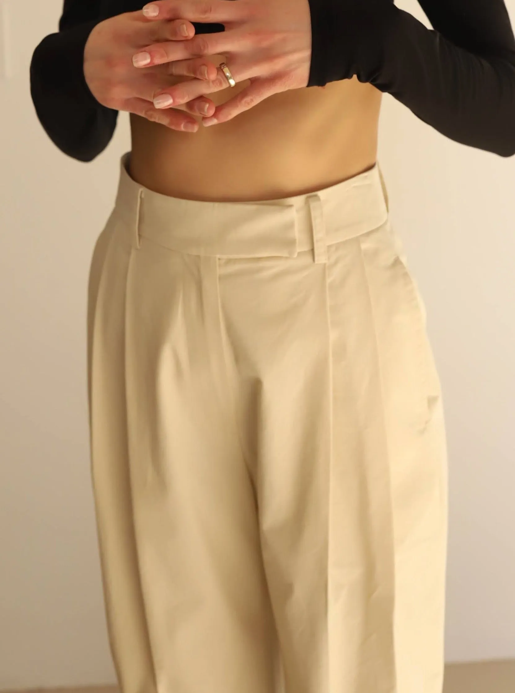 Beige Cotton Pleated Pants