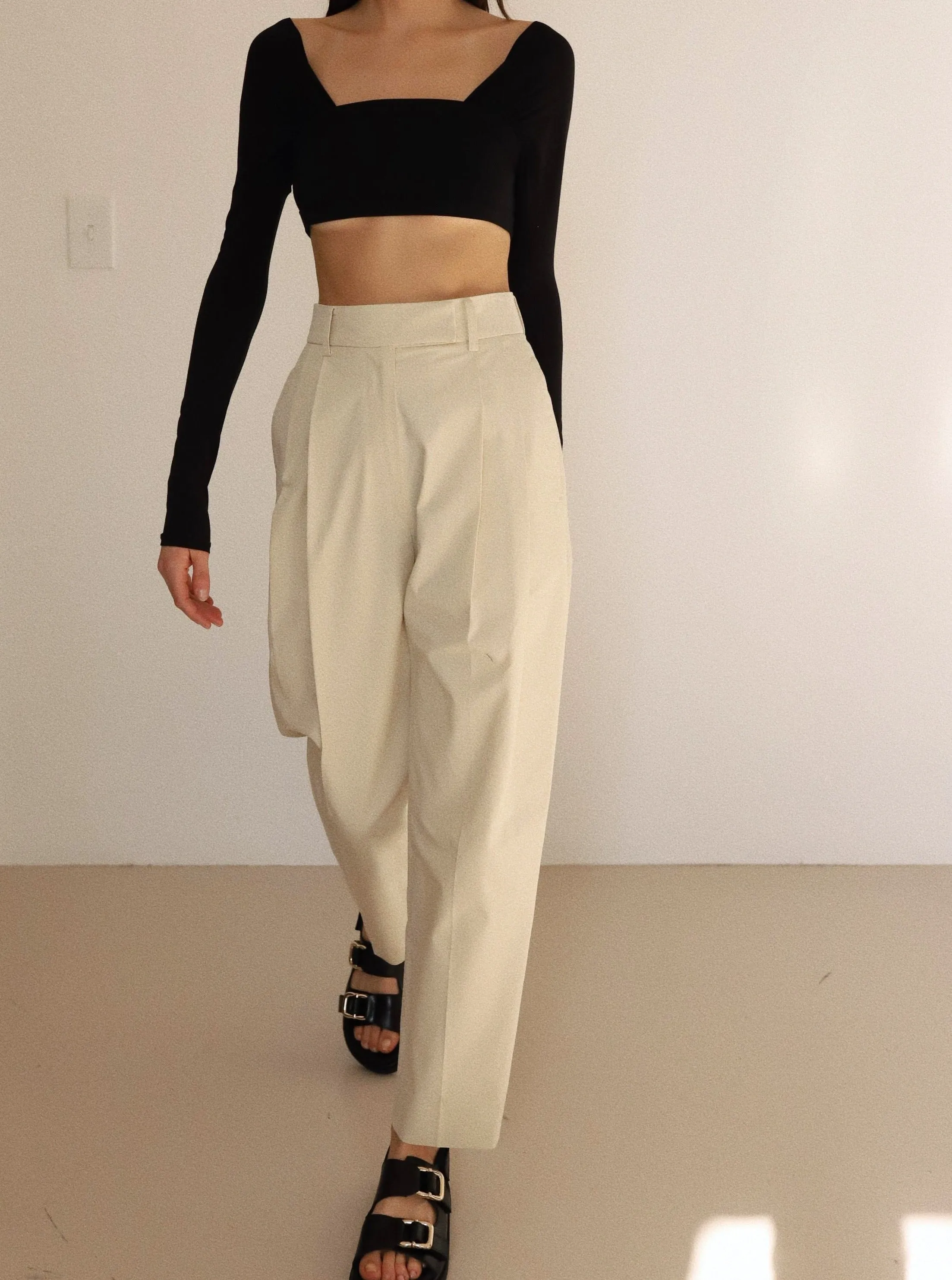 Beige Cotton Pleated Pants