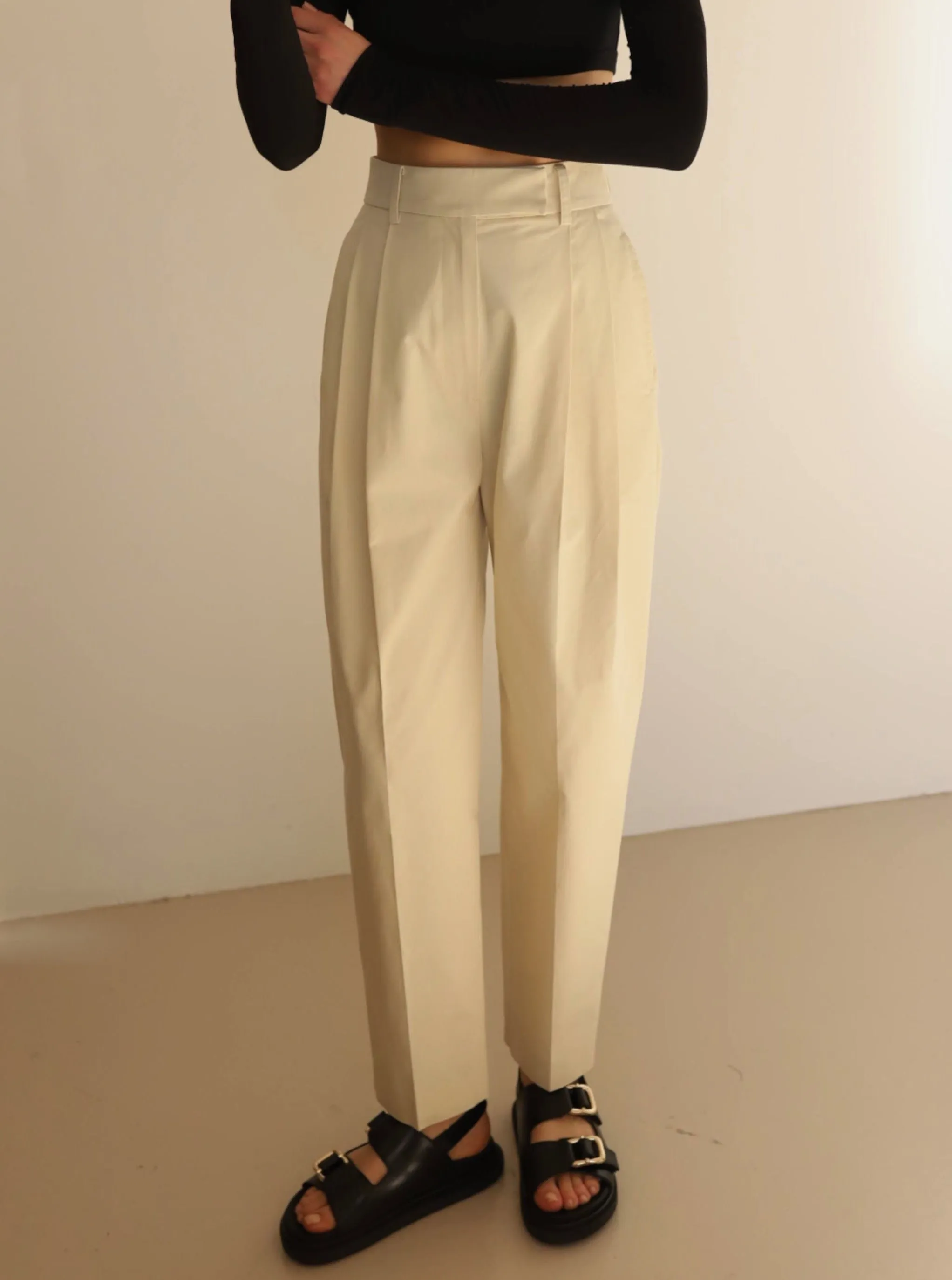Beige Cotton Pleated Pants