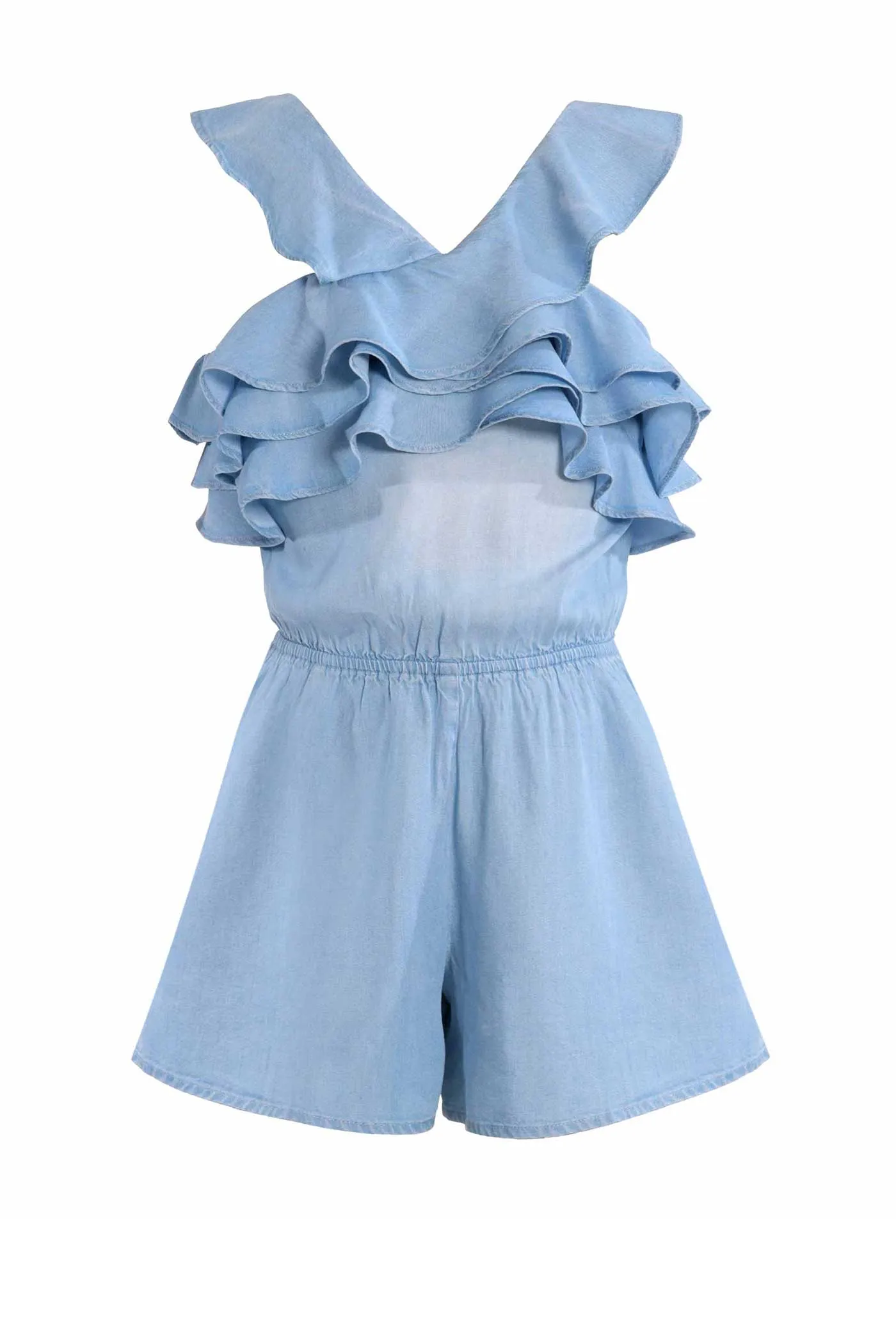 Big Girls Ruffle Tiered Chambray Romper