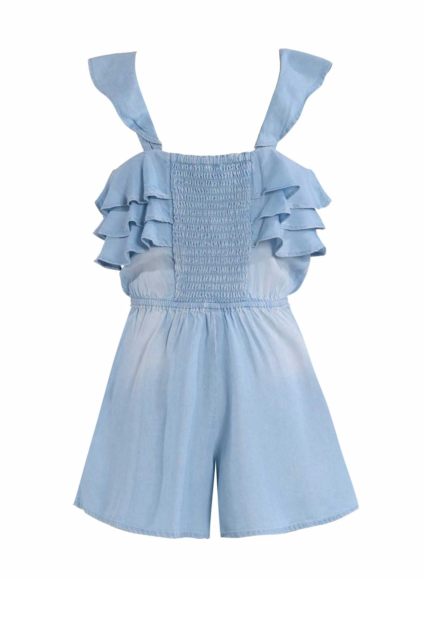 Big Girls Ruffle Tiered Chambray Romper