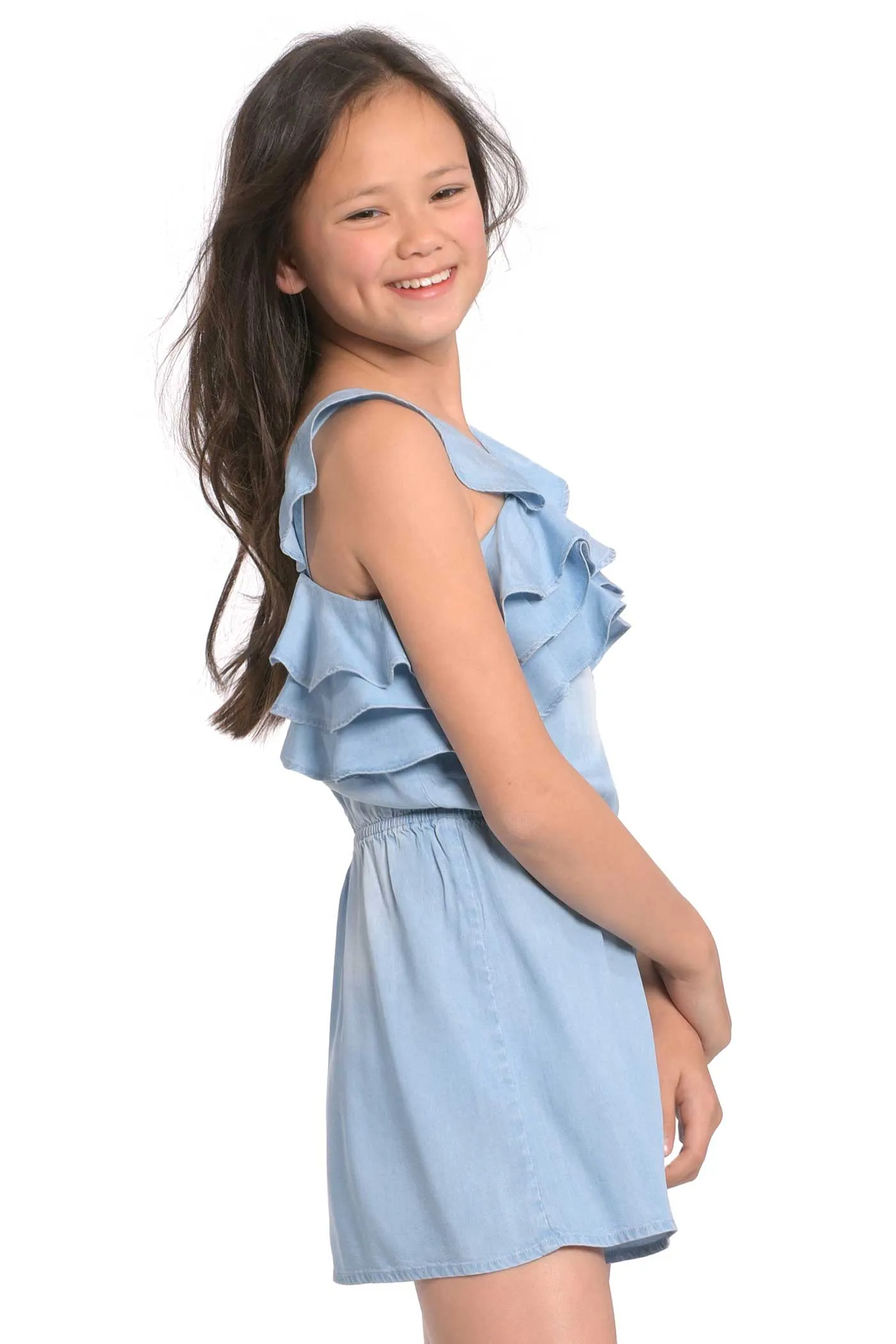 Big Girls Ruffle Tiered Chambray Romper