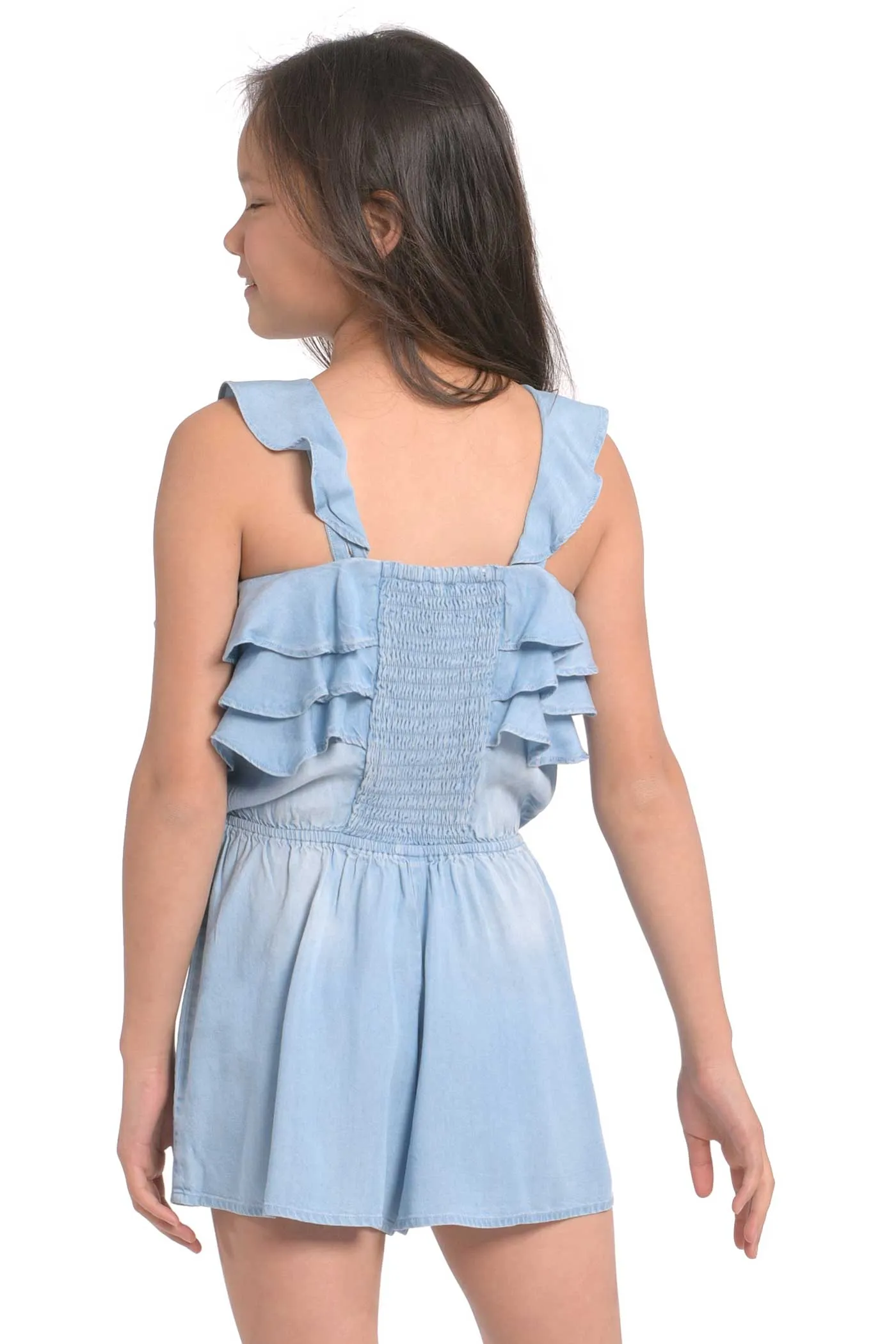 Big Girls Ruffle Tiered Chambray Romper