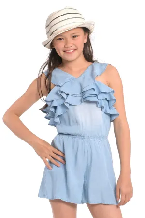 Big Girls Ruffle Tiered Chambray Romper