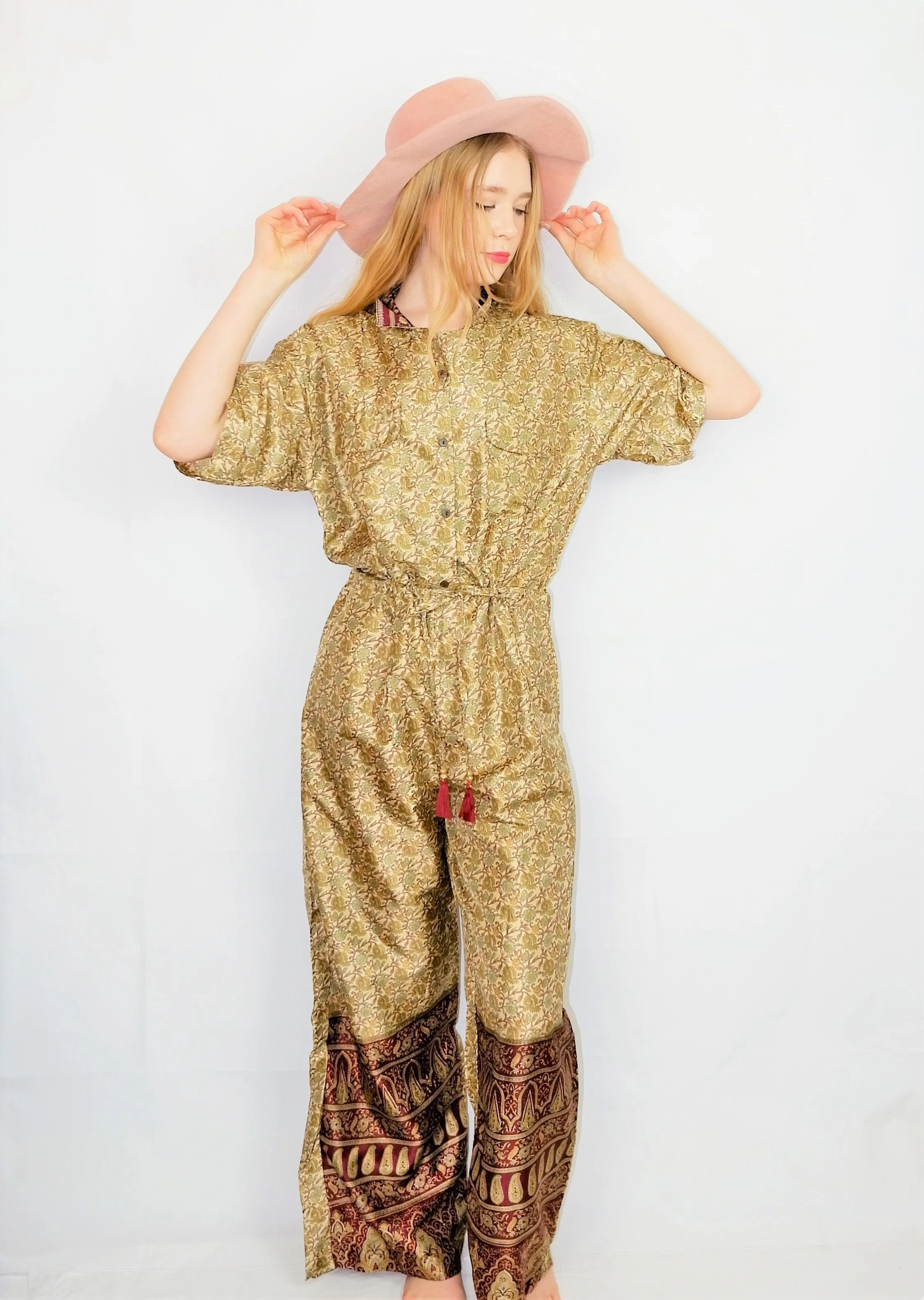 Billie Jumpsuit - Vintage Indian Sari - Antique Gold & Onyx Falling Leaves - S/M