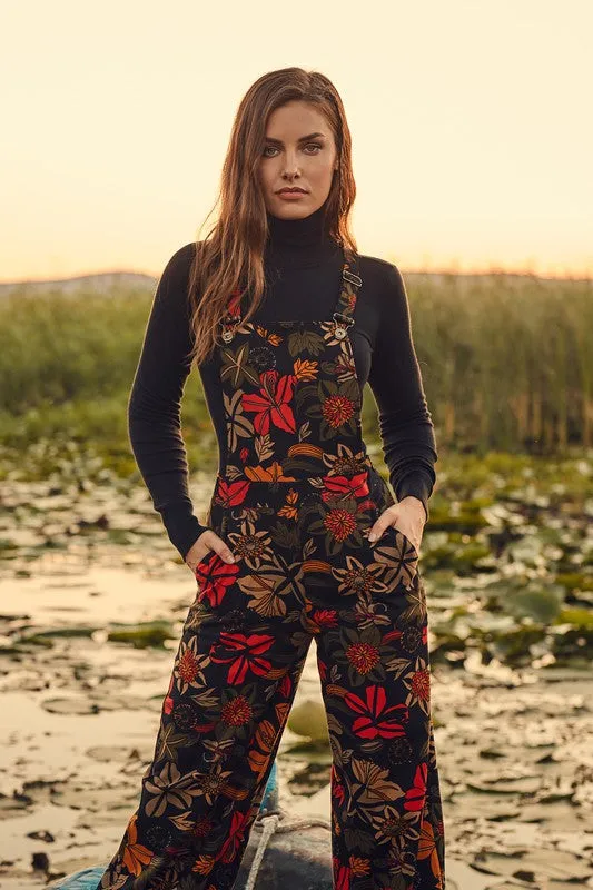 Black Floral Floral Print Adjustable Buckle Straps Jumpsuit