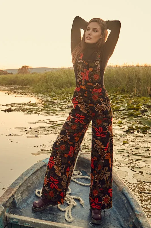 Black Floral Floral Print Adjustable Buckle Straps Jumpsuit