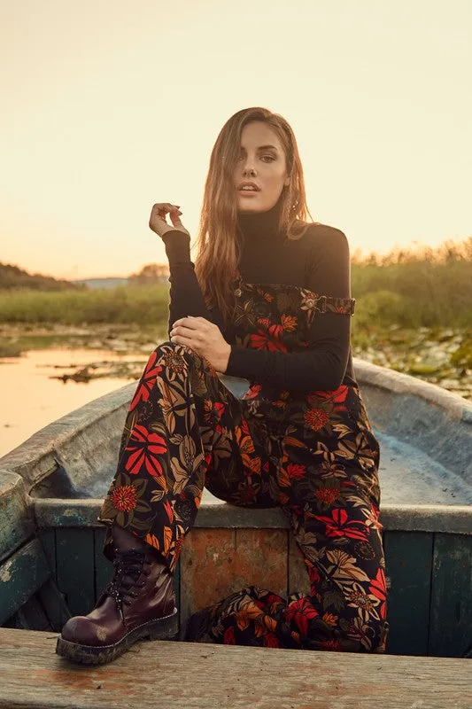 Black Floral Floral Print Adjustable Buckle Straps Jumpsuit