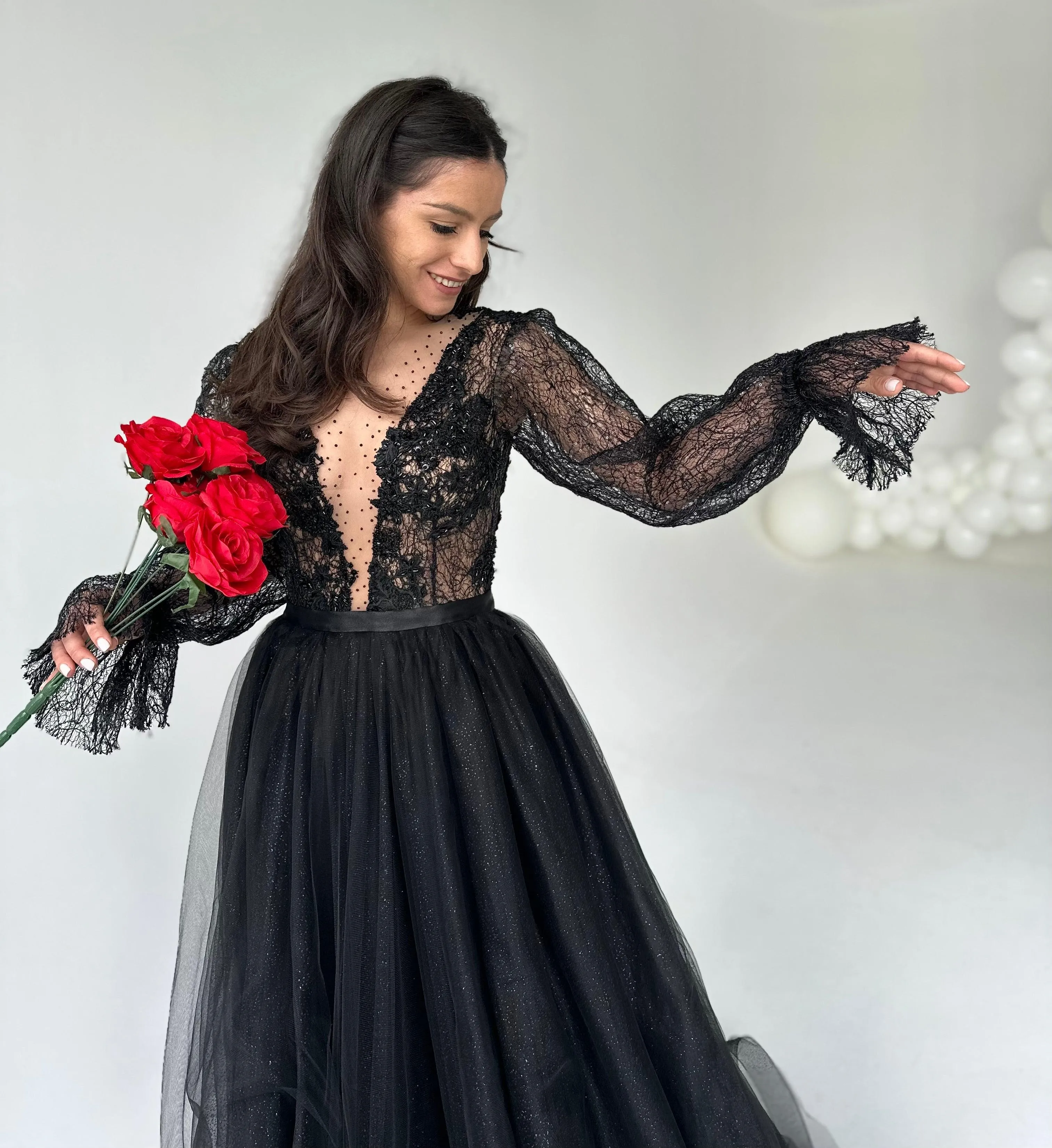 Black Lace Gown with Long Sleeves