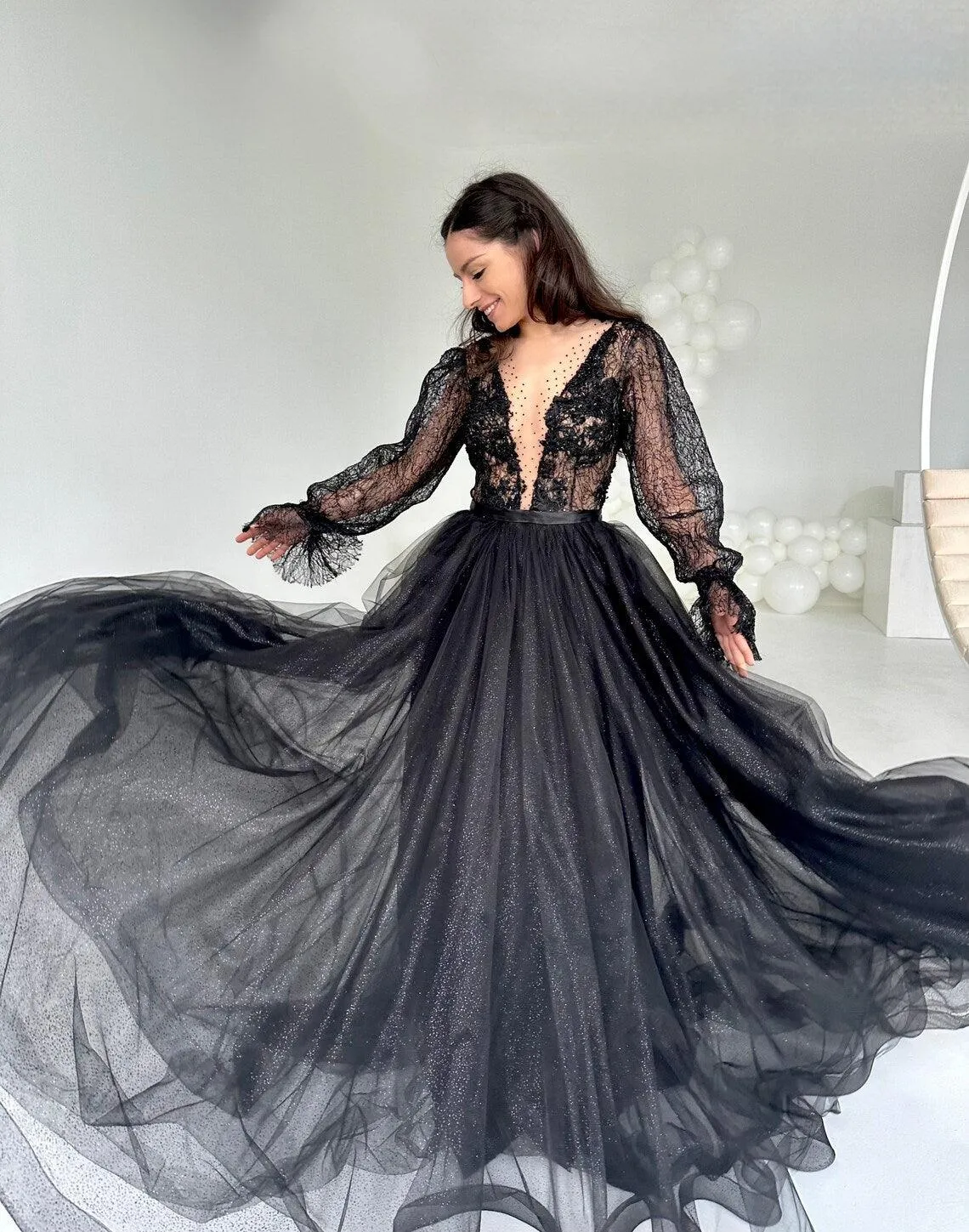 Black Lace Gown with Long Sleeves