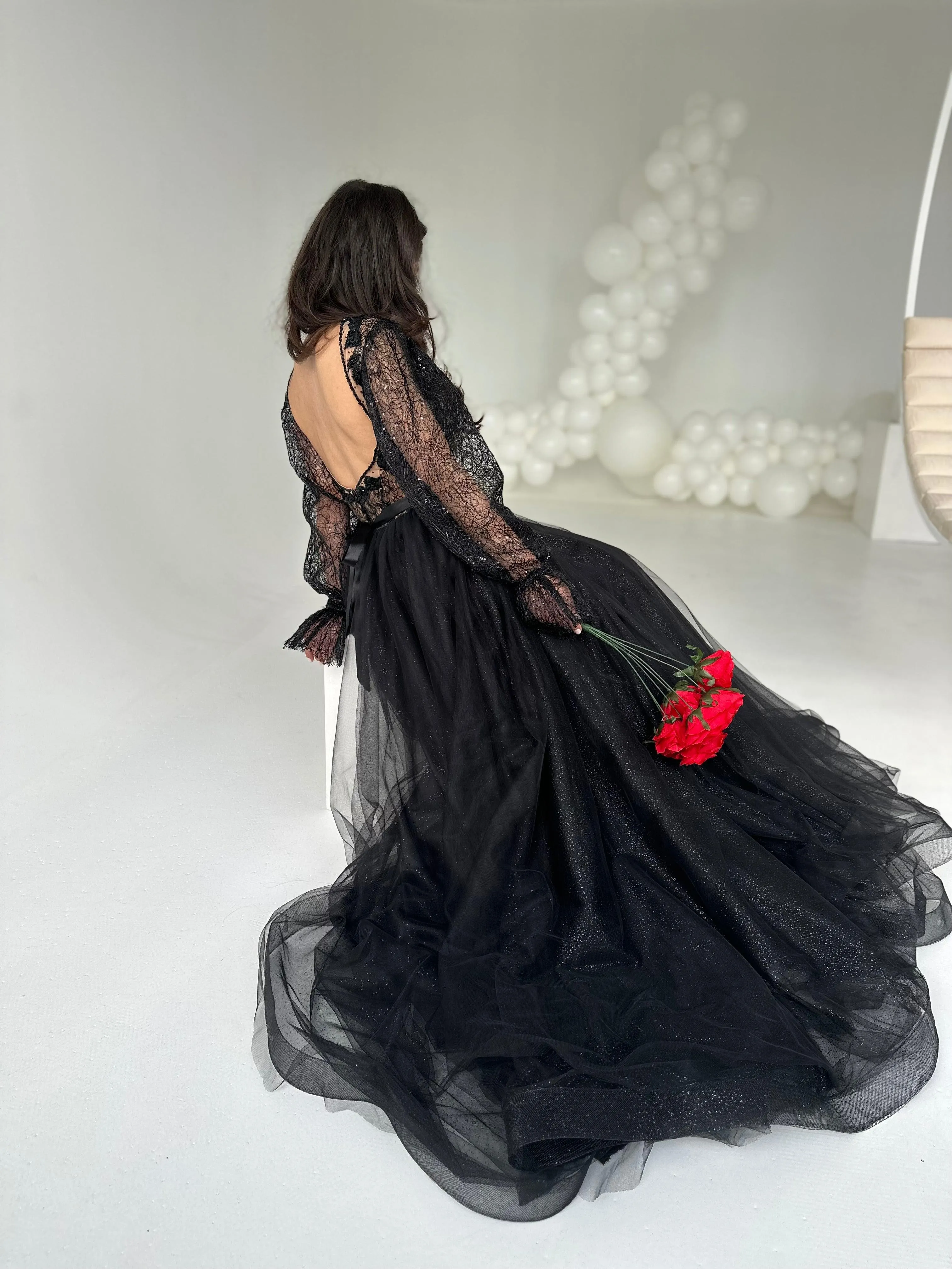 Black Lace Gown with Long Sleeves