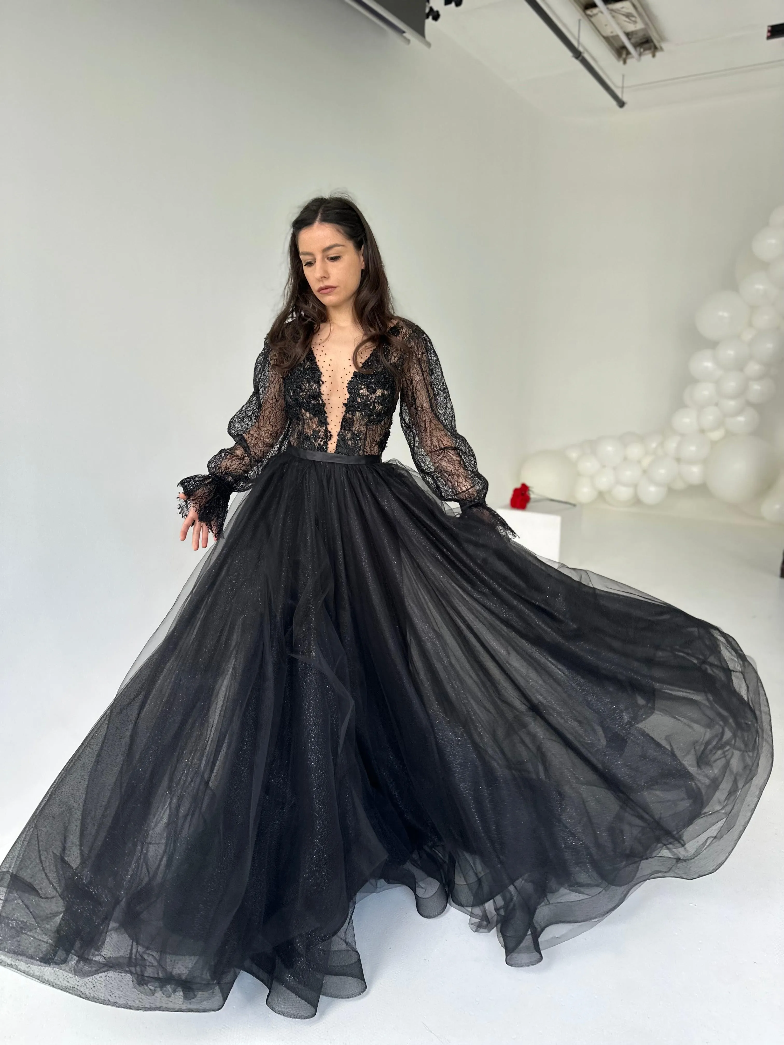 Black Lace Gown with Long Sleeves