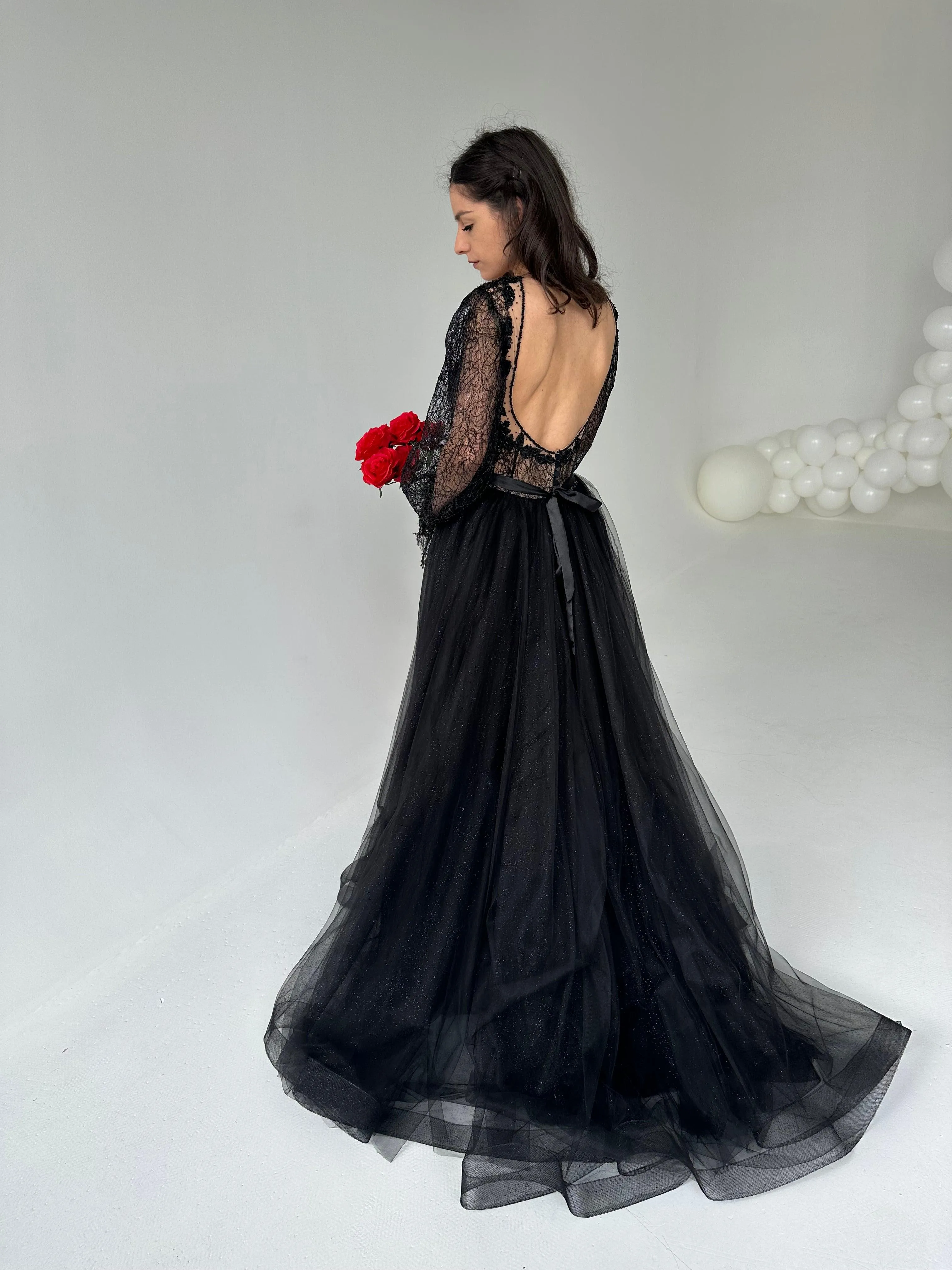 Black Lace Gown with Long Sleeves