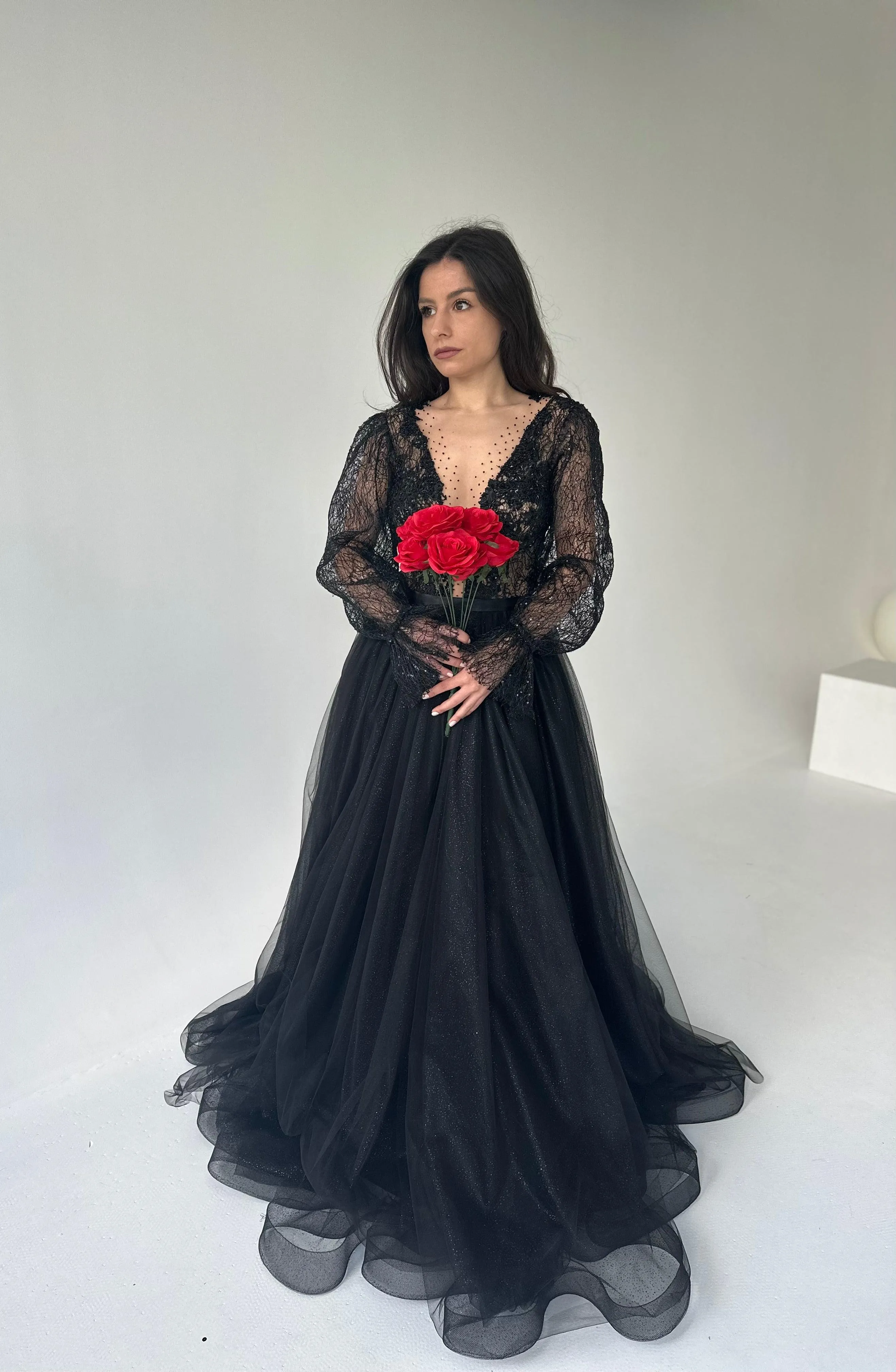 Black Lace Gown with Long Sleeves