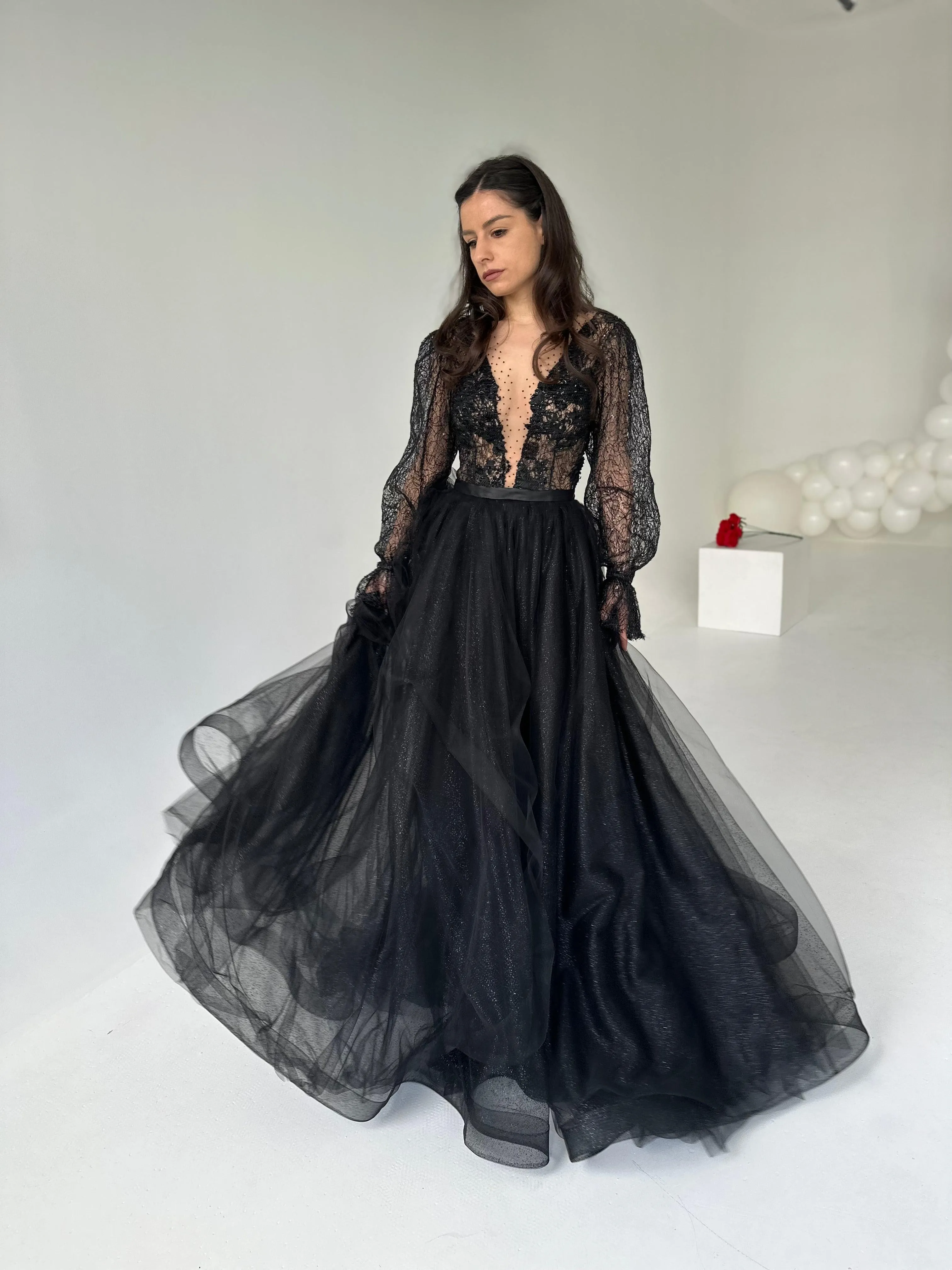 Black Lace Gown with Long Sleeves