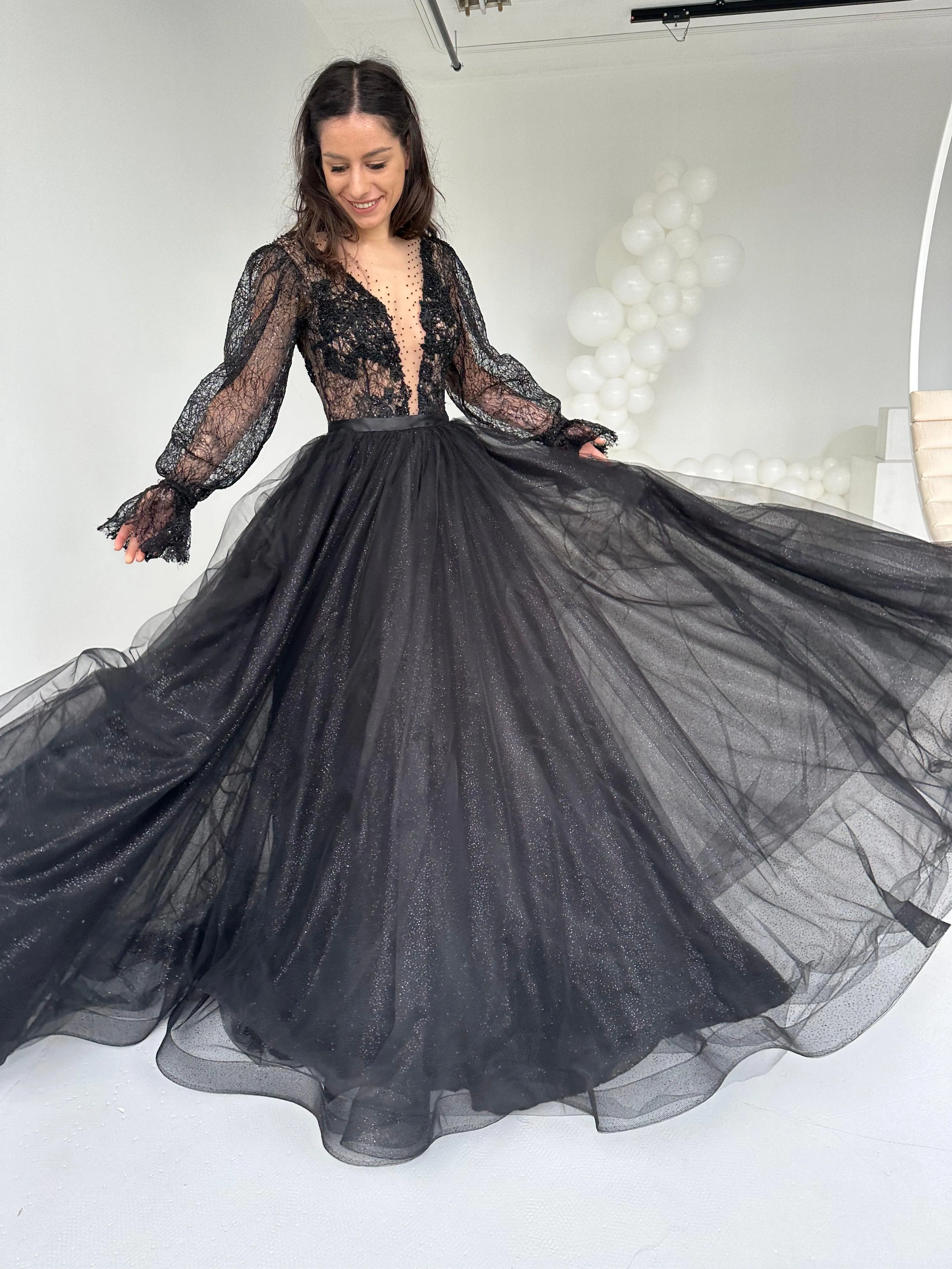Black Lace Gown with Long Sleeves