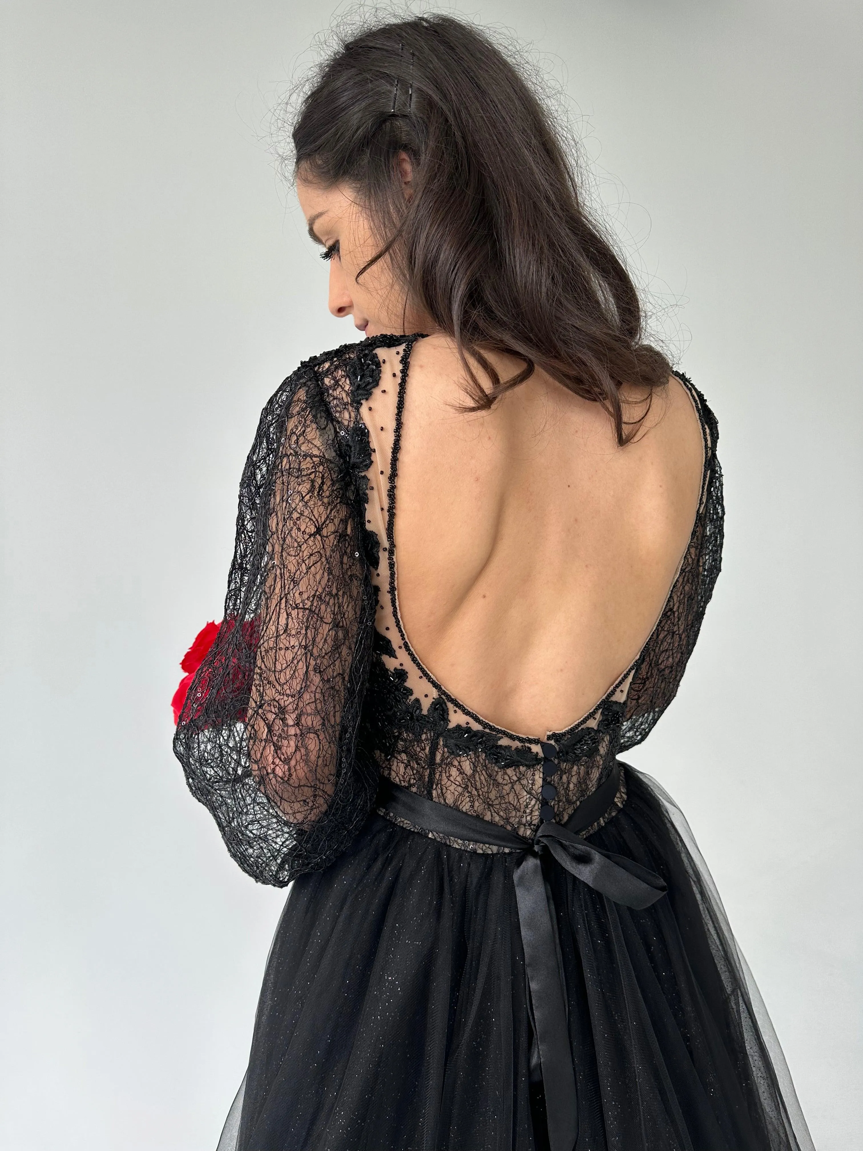Black Lace Gown with Long Sleeves