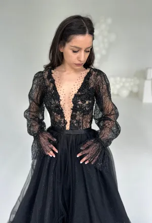 Black Lace Gown with Long Sleeves