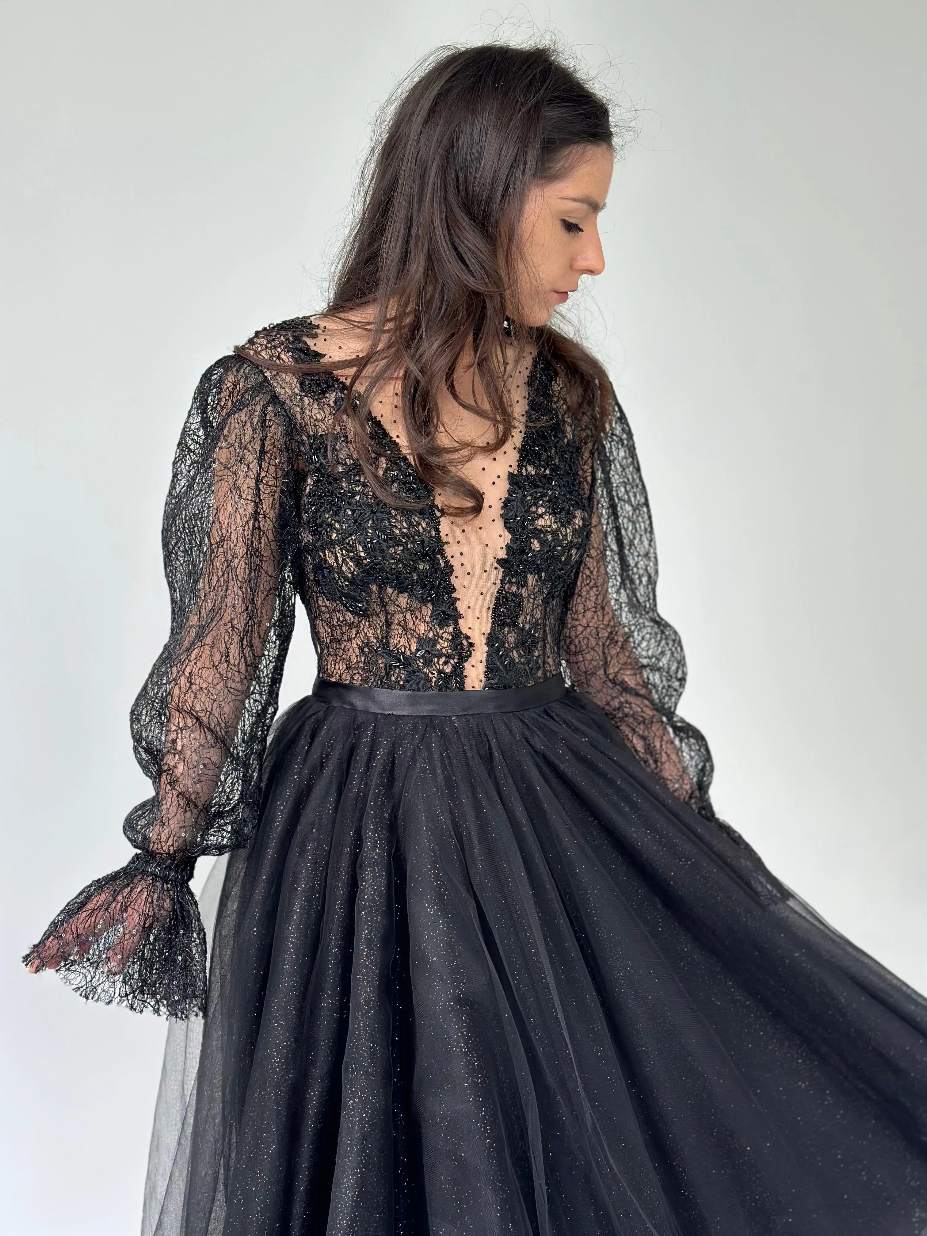 Black Lace Gown with Long Sleeves