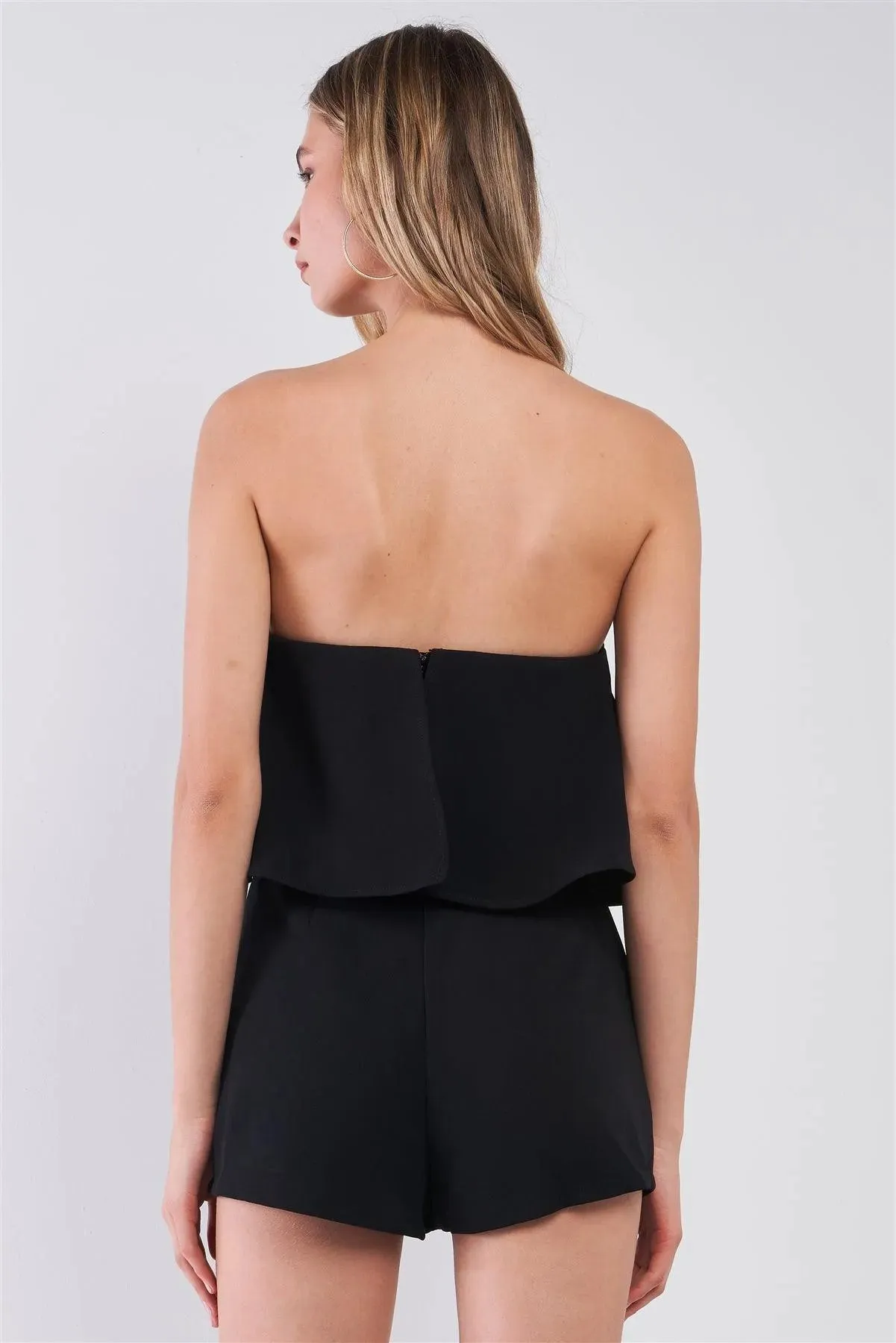 Black Strapless Layered Flare Top Fitted Romper