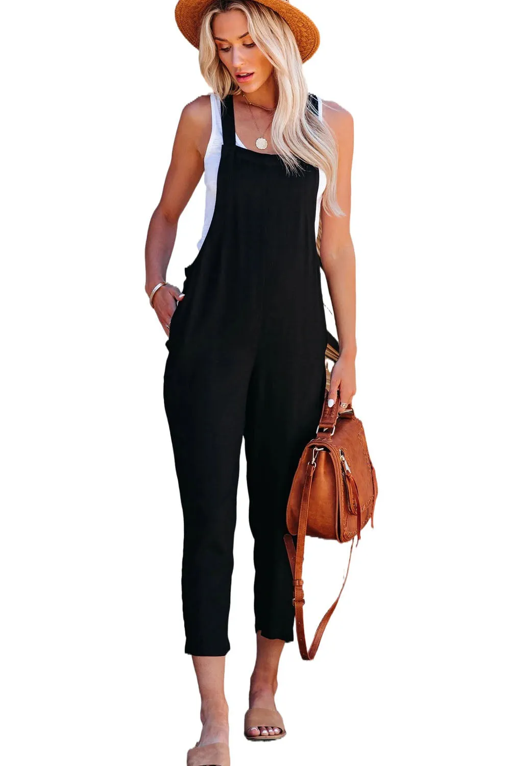 Black/White Linen Cotton Blend Wide Leg Jumpsuit