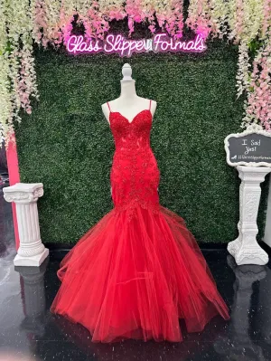 Candice Wang 72321 Size 4 Red Fitted Lace Mermaid Prom Dress Sheer Corset Cut Out Back Evening Gown