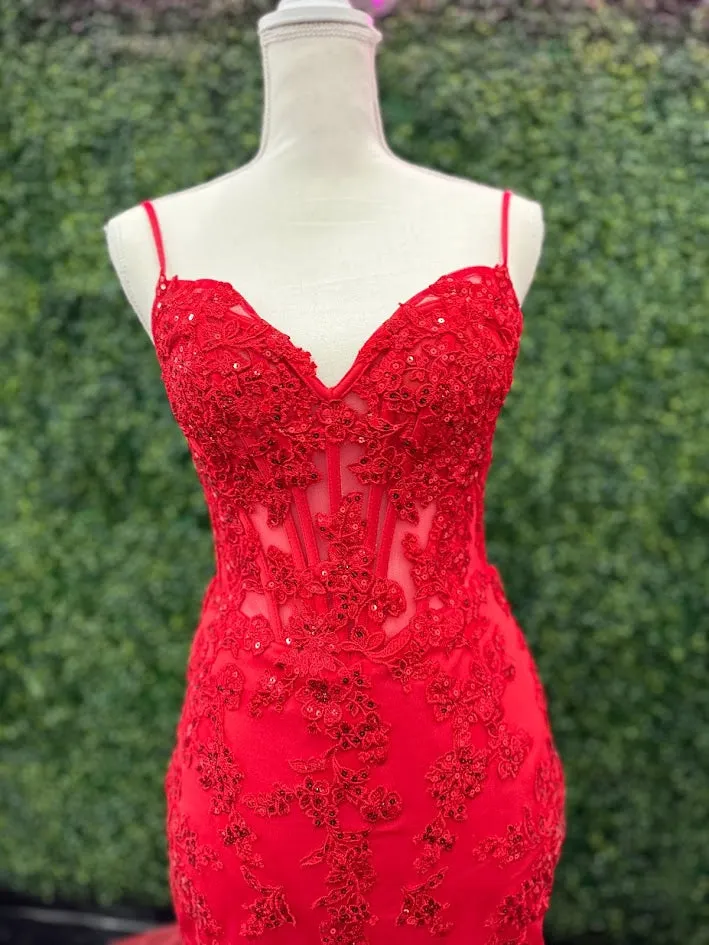 Candice Wang 72321 Size 4 Red Fitted Lace Mermaid Prom Dress Sheer Corset Cut Out Back Evening Gown