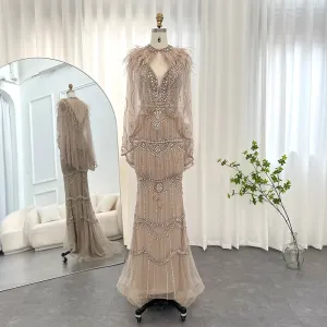 Champagne Mermaid Evening Dress with Feathers Shawl Cape Luxury Dubai Prom Dresses Long Graduation Formal Gown
