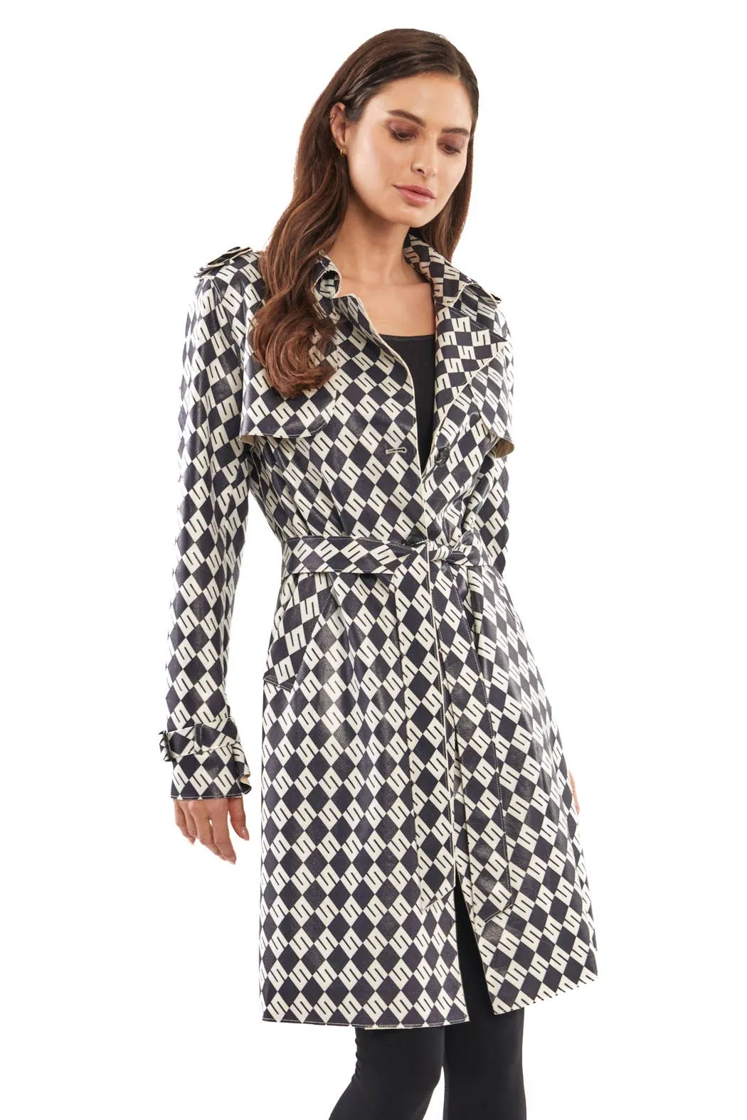 chic geometric-patterned trench coat