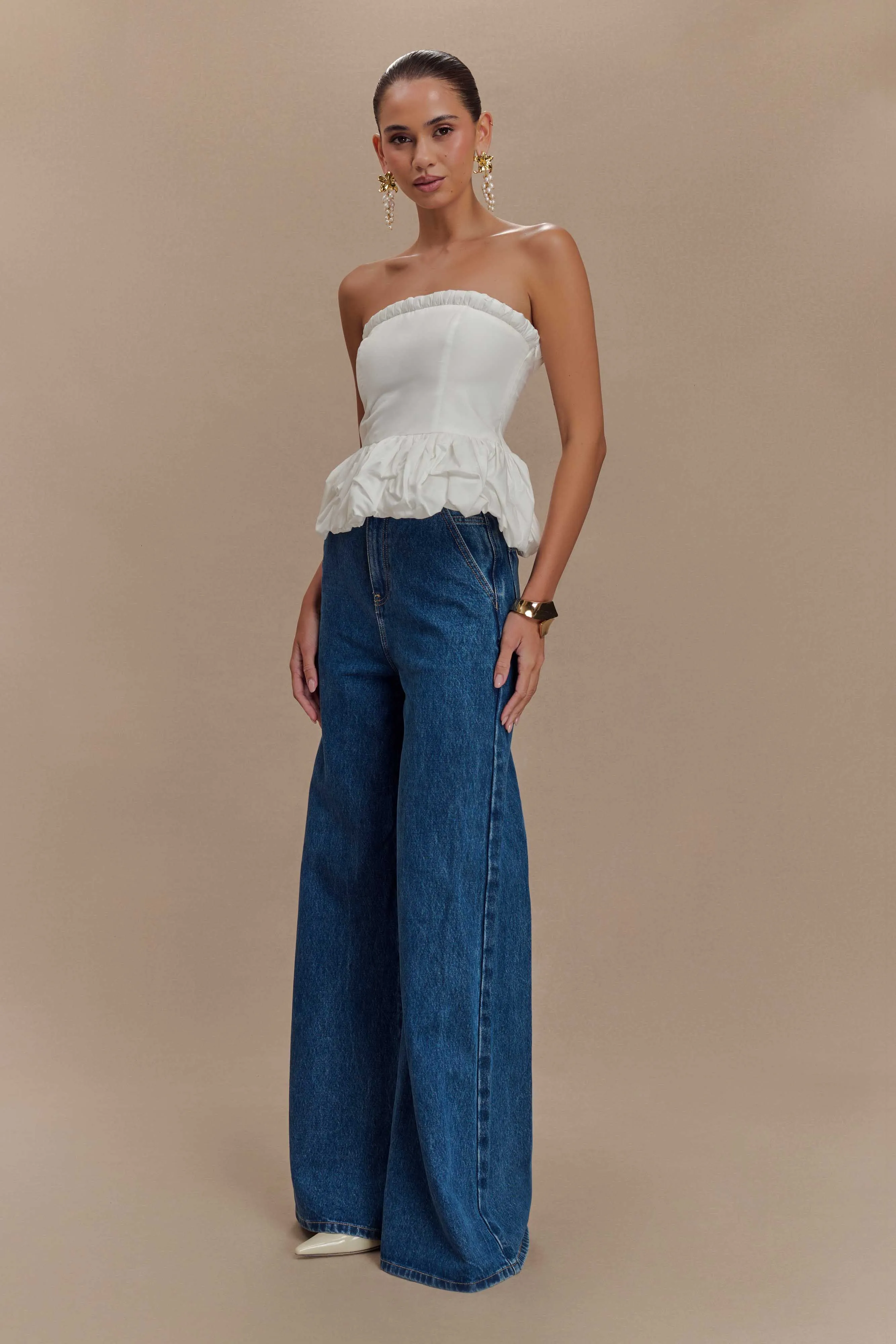 Cora Ruched Strapless Top - White