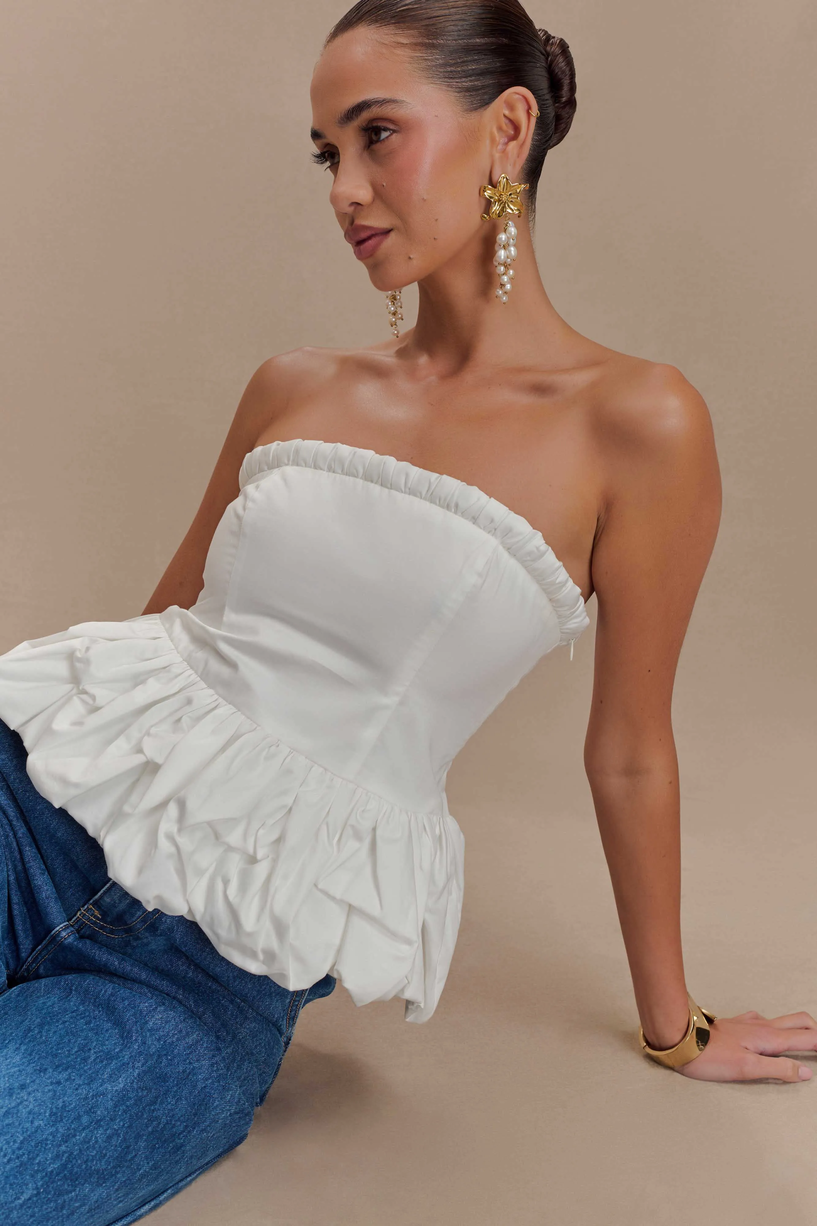 Cora Ruched Strapless Top - White