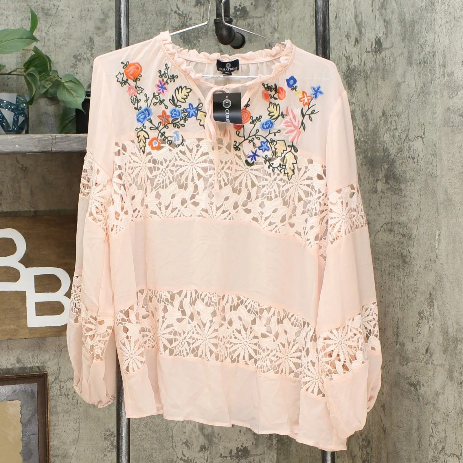 Curations Women's Plus Size Artisan Lace Blouse With Cami