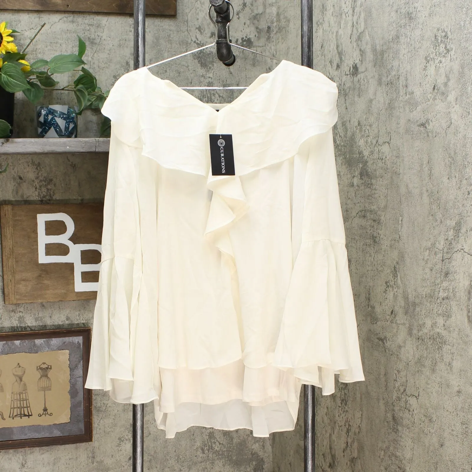 Curations Women's Plus Size V-Neck Long Bell Sleeve Blouse