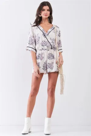 Dahlia Cream & Blush Kimono Inspired Floral Print Wrap Plunging V-Neck Romper /1-2-2-1