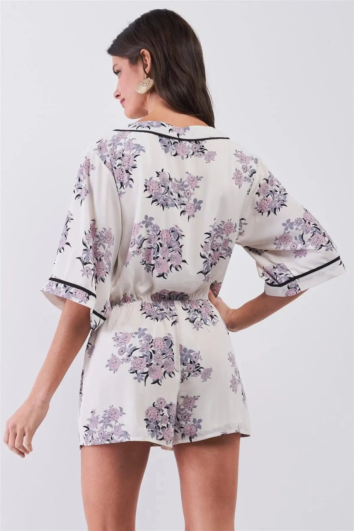 Dahlia Cream & Blush Kimono Inspired Floral Print Wrap Plunging V-Neck Romper /1-2-2-1